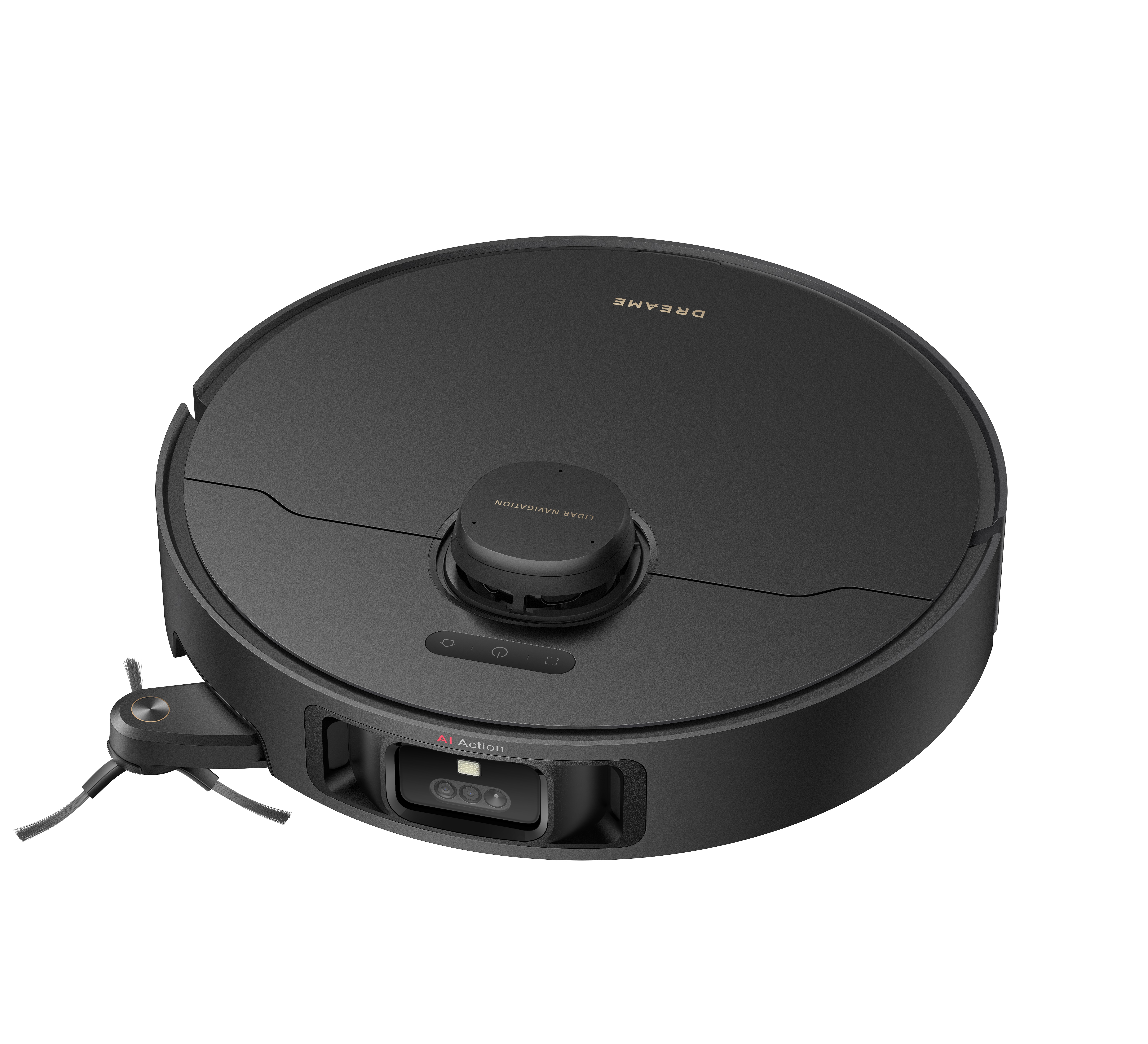 Czarny, okrągły odkurzacz automatyczny. Widok z góry, z tekstem: LIDAR NAVIGATION i AI Action.