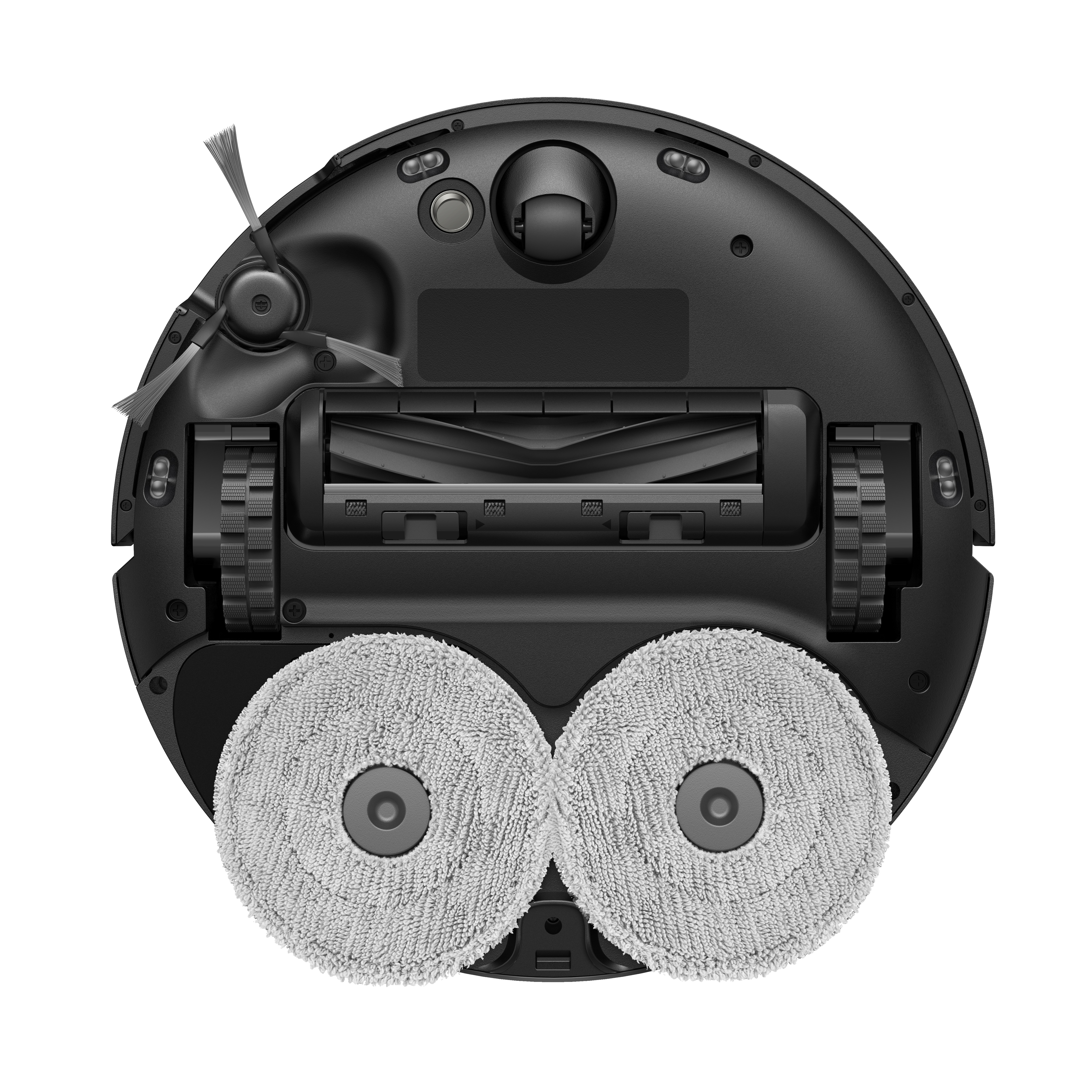 Czarny odkurzacz robot, widok od spodu. Widoczne dwie obrotowe szczotki i dwie szare nakładki czyszczące.
