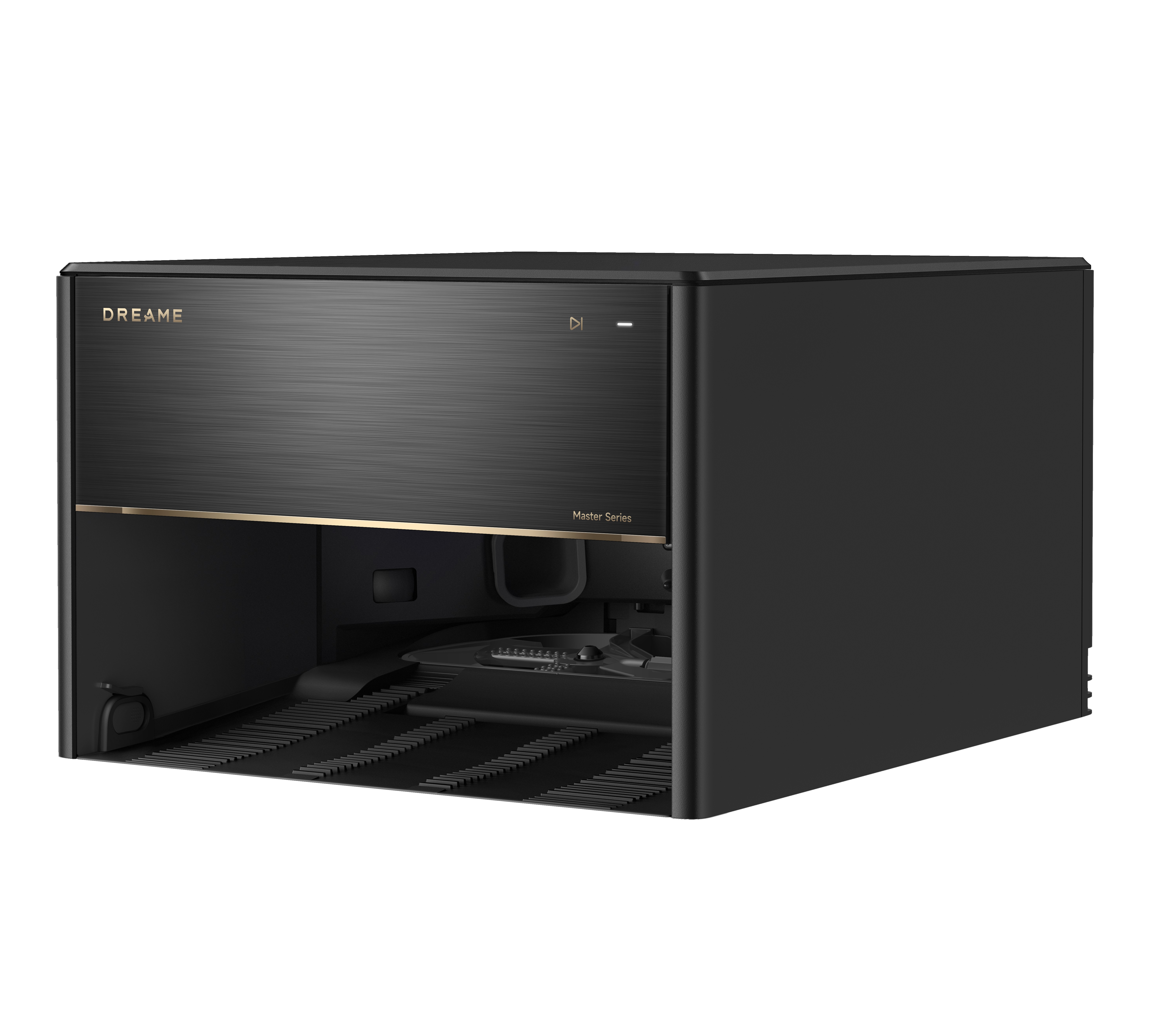 Czarny robot sprzątający Dreame, model Master Series. Otwarty, pokazujący system czyszczenia.