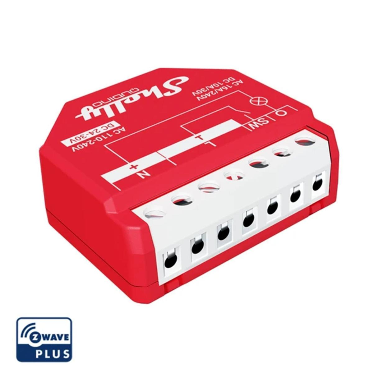 Roter Smart-Home-Controller mit weißen Klemmen und dem Z-Wave Plus Logo.