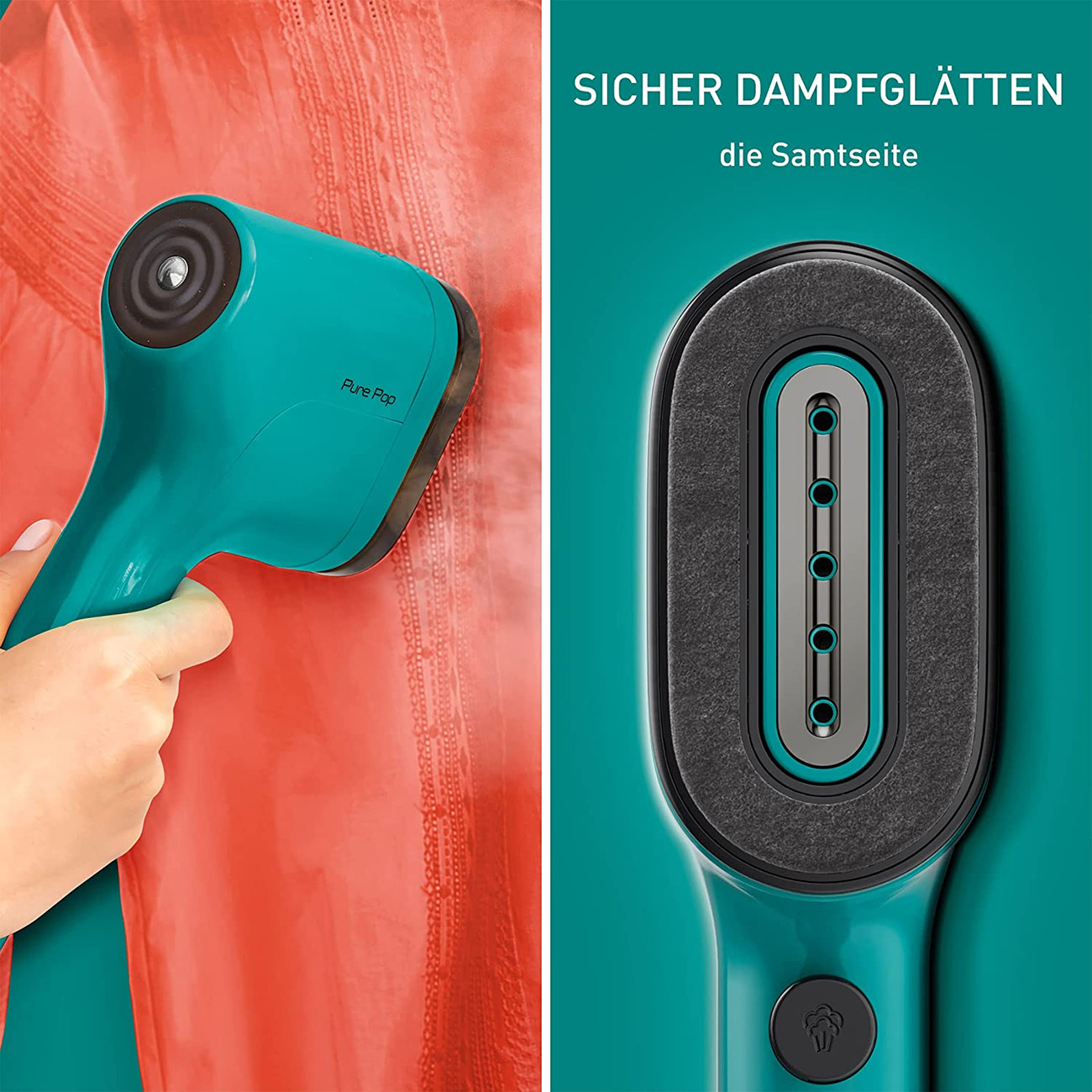 Die Hand einer Person, die ein rotes Kleidungsstück mit einem teal-farbenen Steamer bedampft, Nahaufnahme.