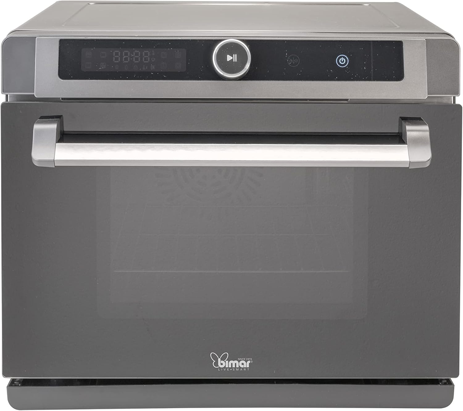 Un horno empotrado gris oscuro con puerta de vidrio y pantalla digital. Tiene una manija y botones.