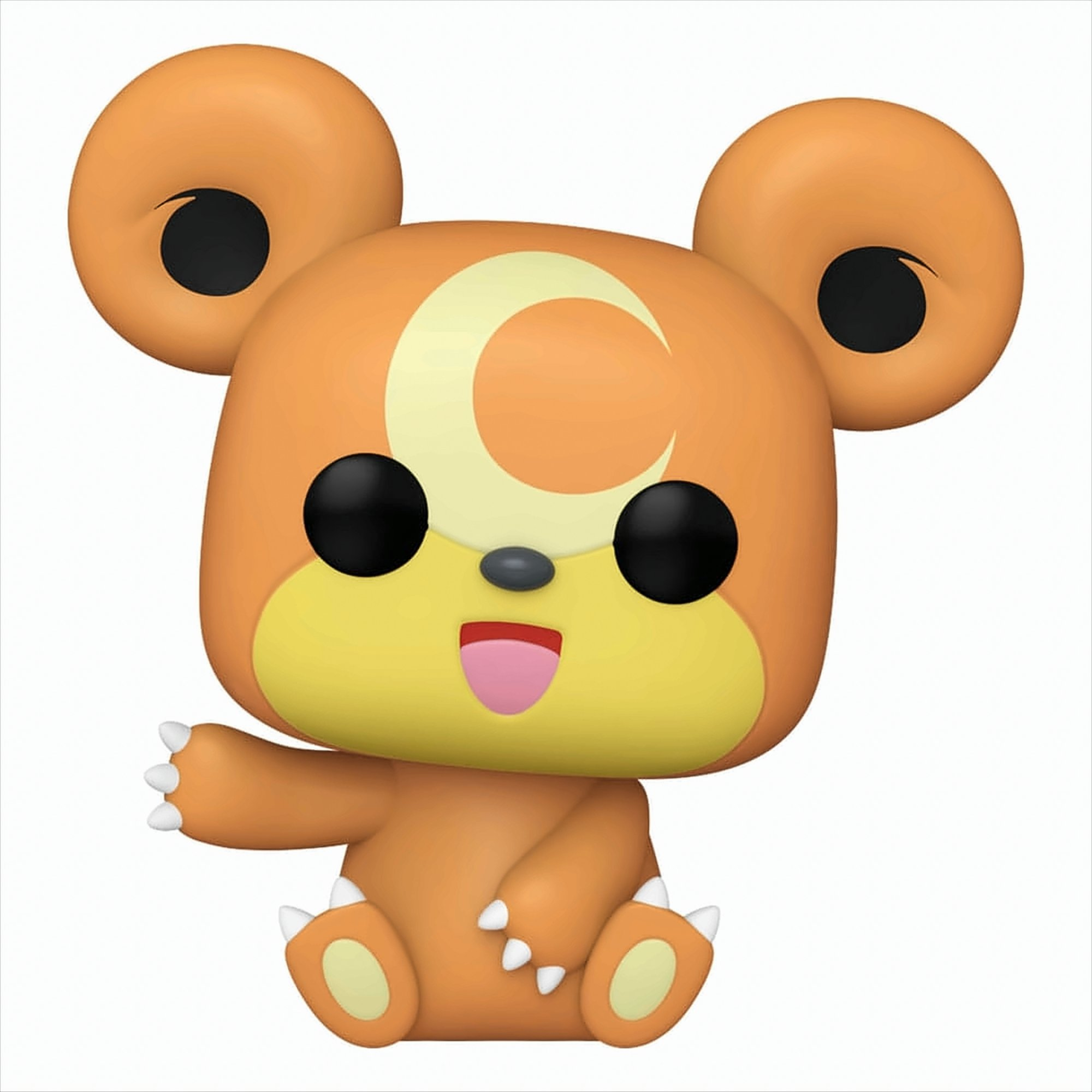 Orange bärenartige Figur mit einem Halbmond auf dem Kopf. Weißer Hintergrund.