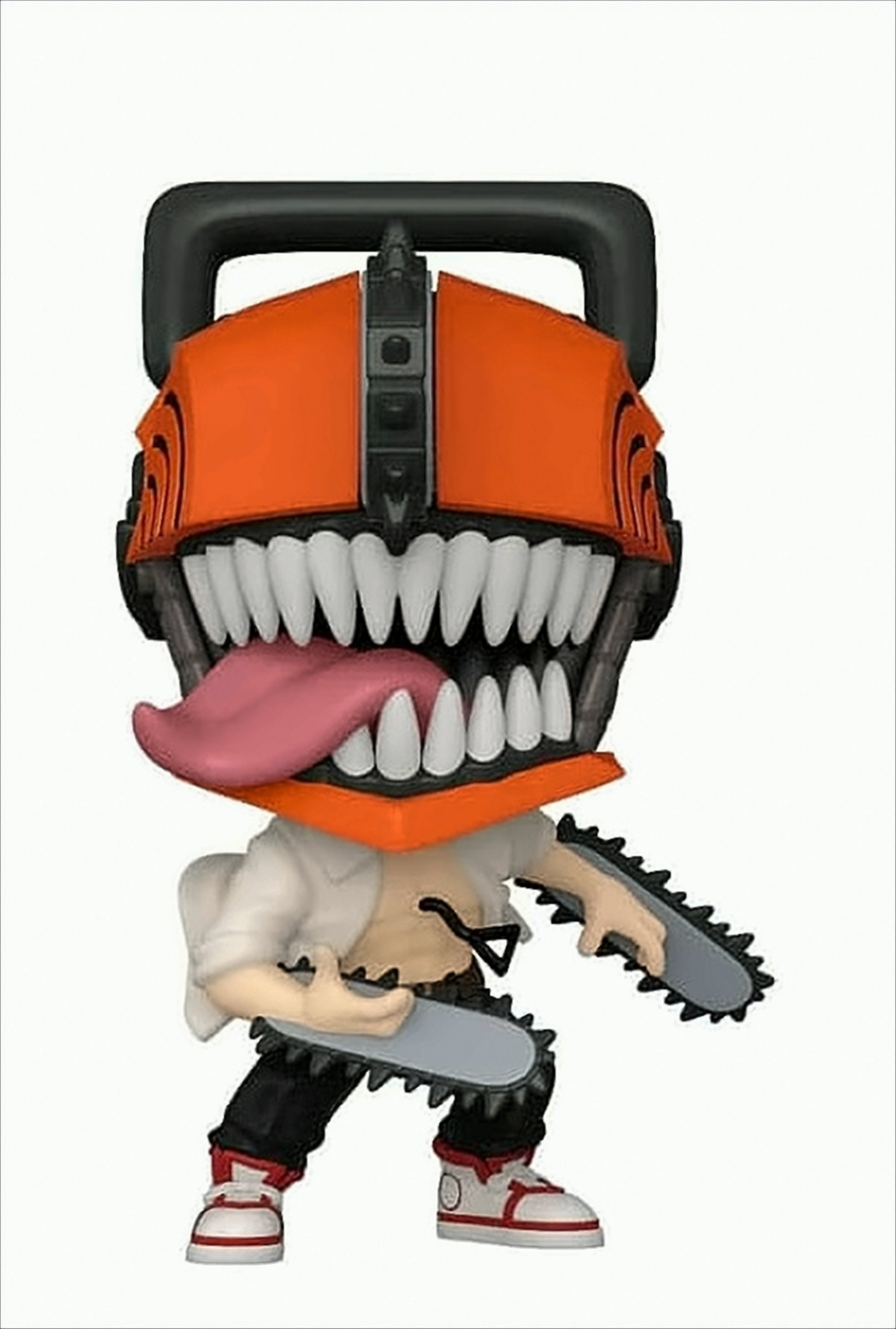 Chainsaw Man Figur in Actionpose mit Kettensäge, orangefarbenem Helm und Zunge raus.