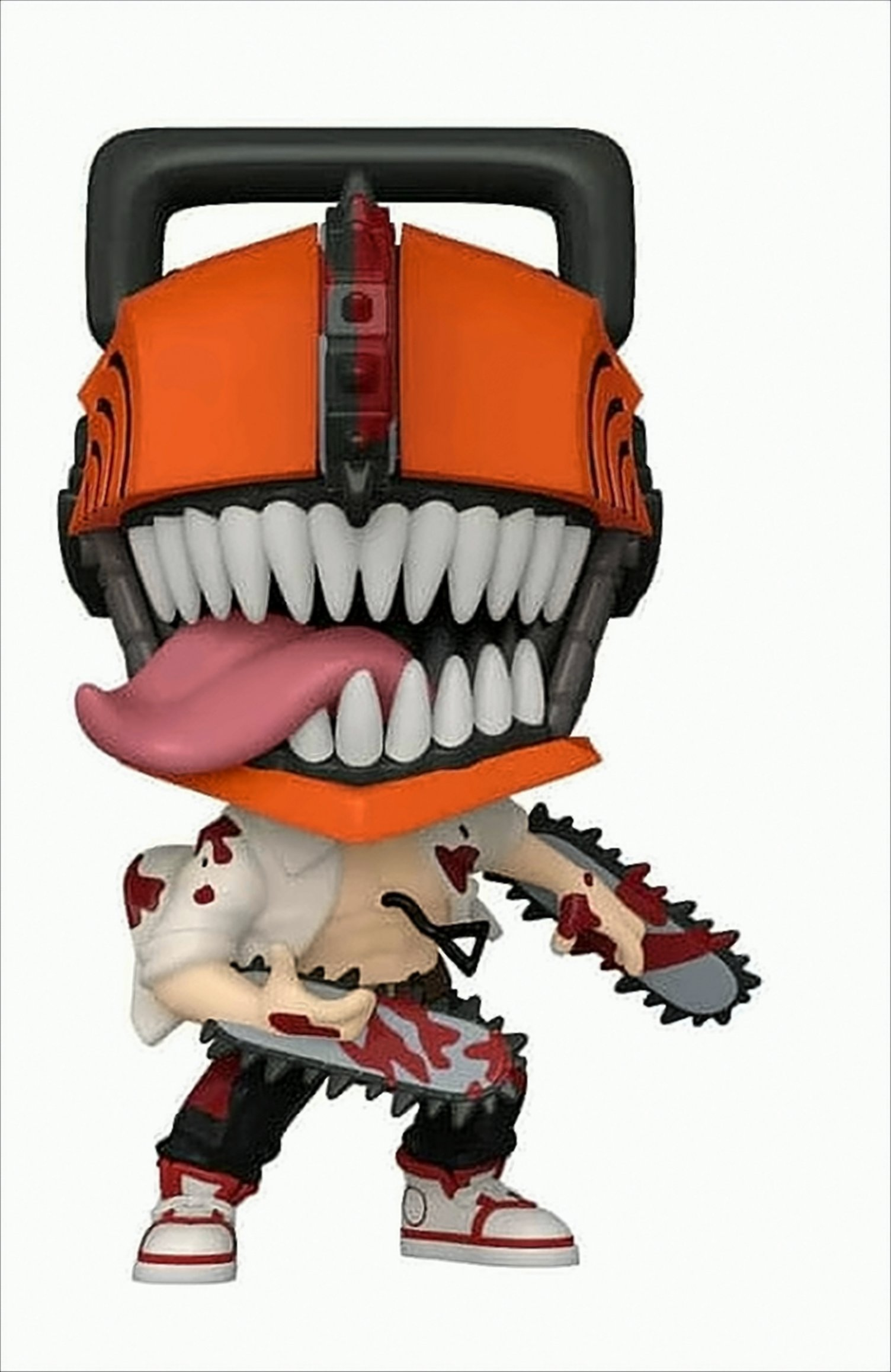 Eine Chainsaw Man-Figur mit orangefarbenem Helm und Kettensägenarm. Die Zunge hängt heraus.
