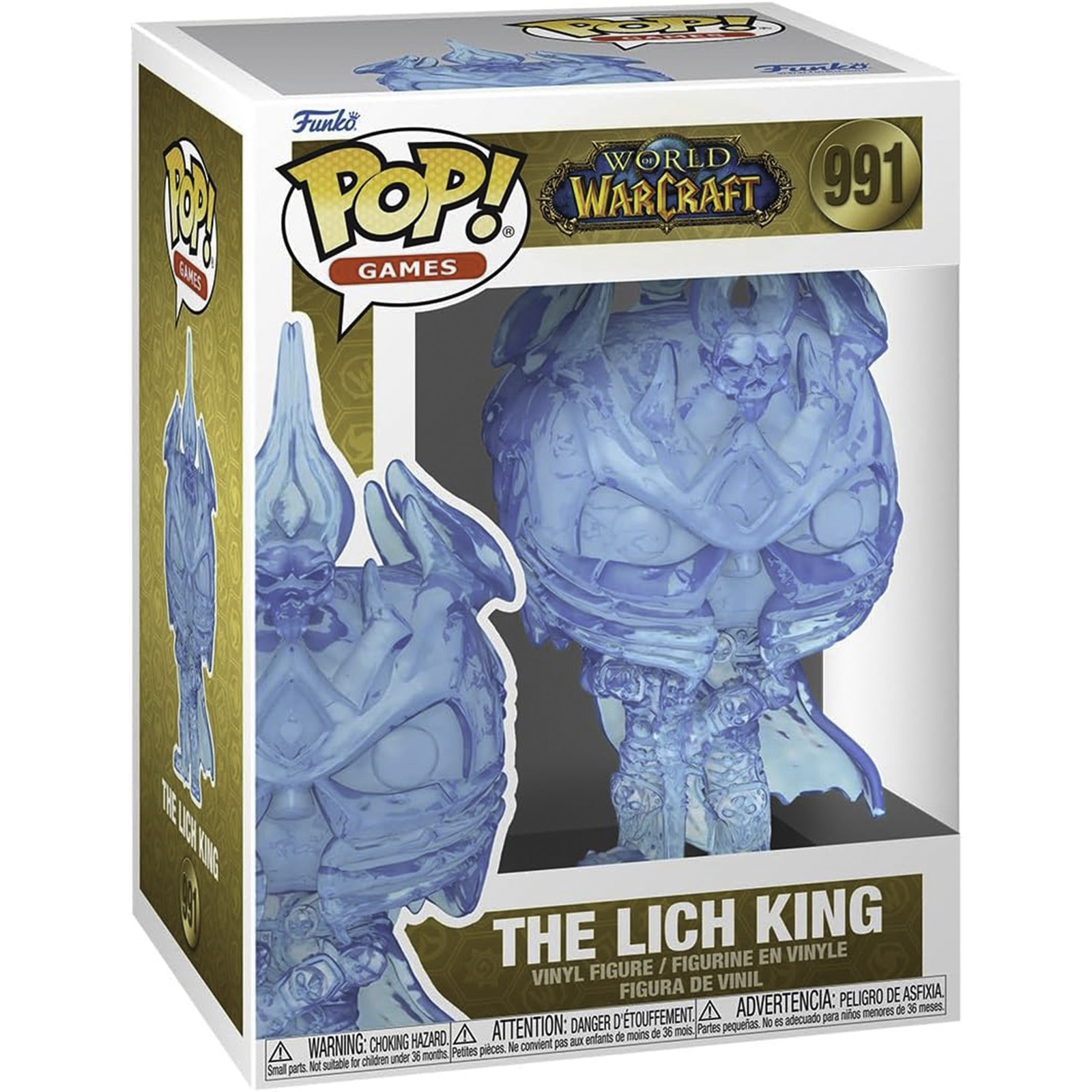 Figura del Rey Exánime de World of Warcraft dentro de una caja. Es de color azul translúcido.