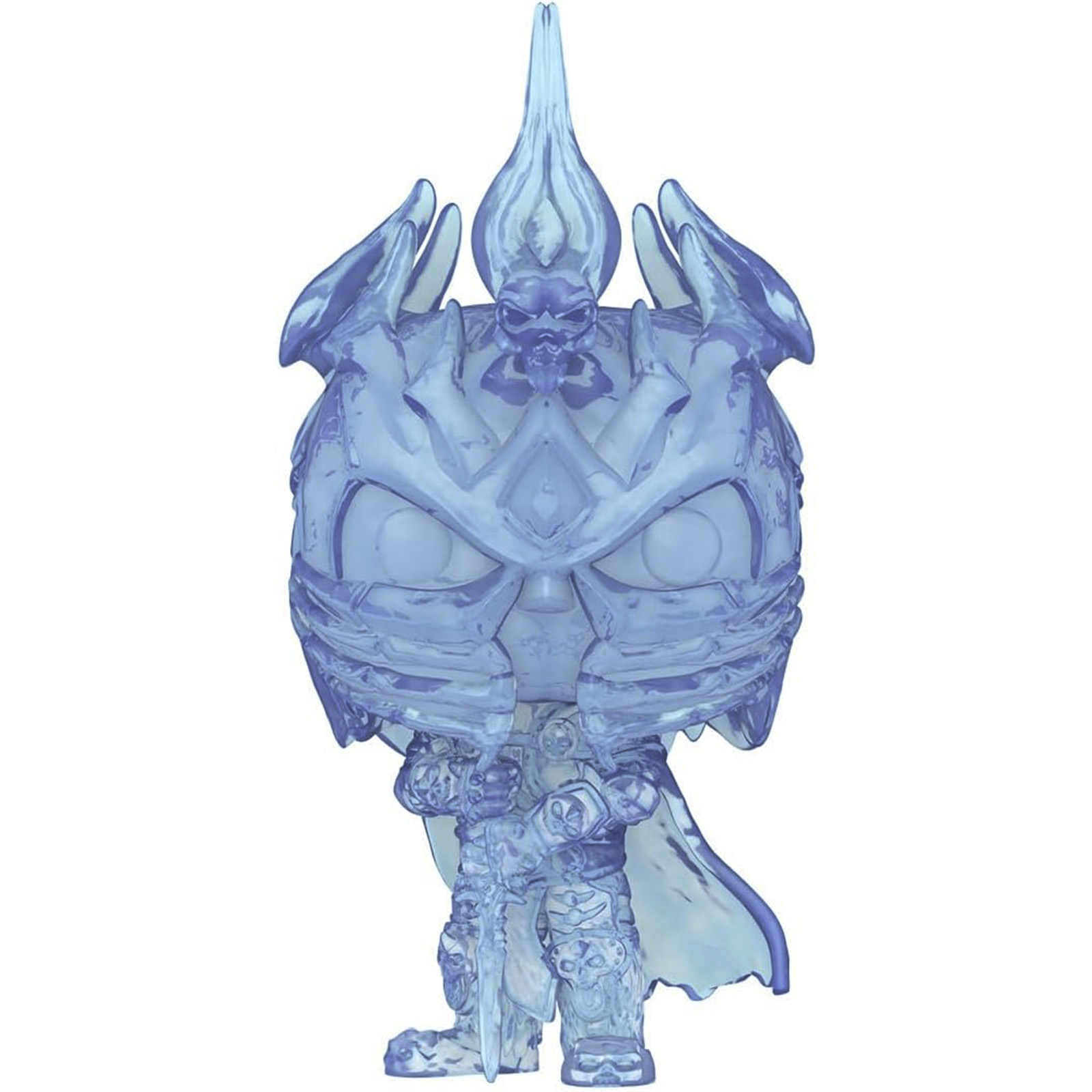 Una figura azul y transparente de un personaje de fantasía, con capa y espada, sobre fondo blanco.