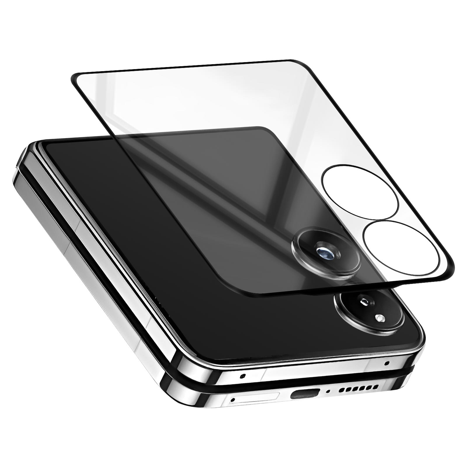 Telefono pieghevole nero con protezione schermo in vetro posizionata sopra, su sfondo bianco.