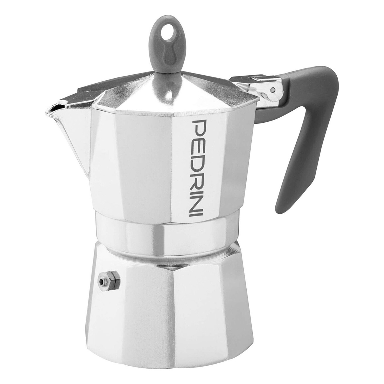 Silberner Espressokocher mit schwarzem Griff. Der Markenname PEDRINI ist auf der Seite sichtbar.