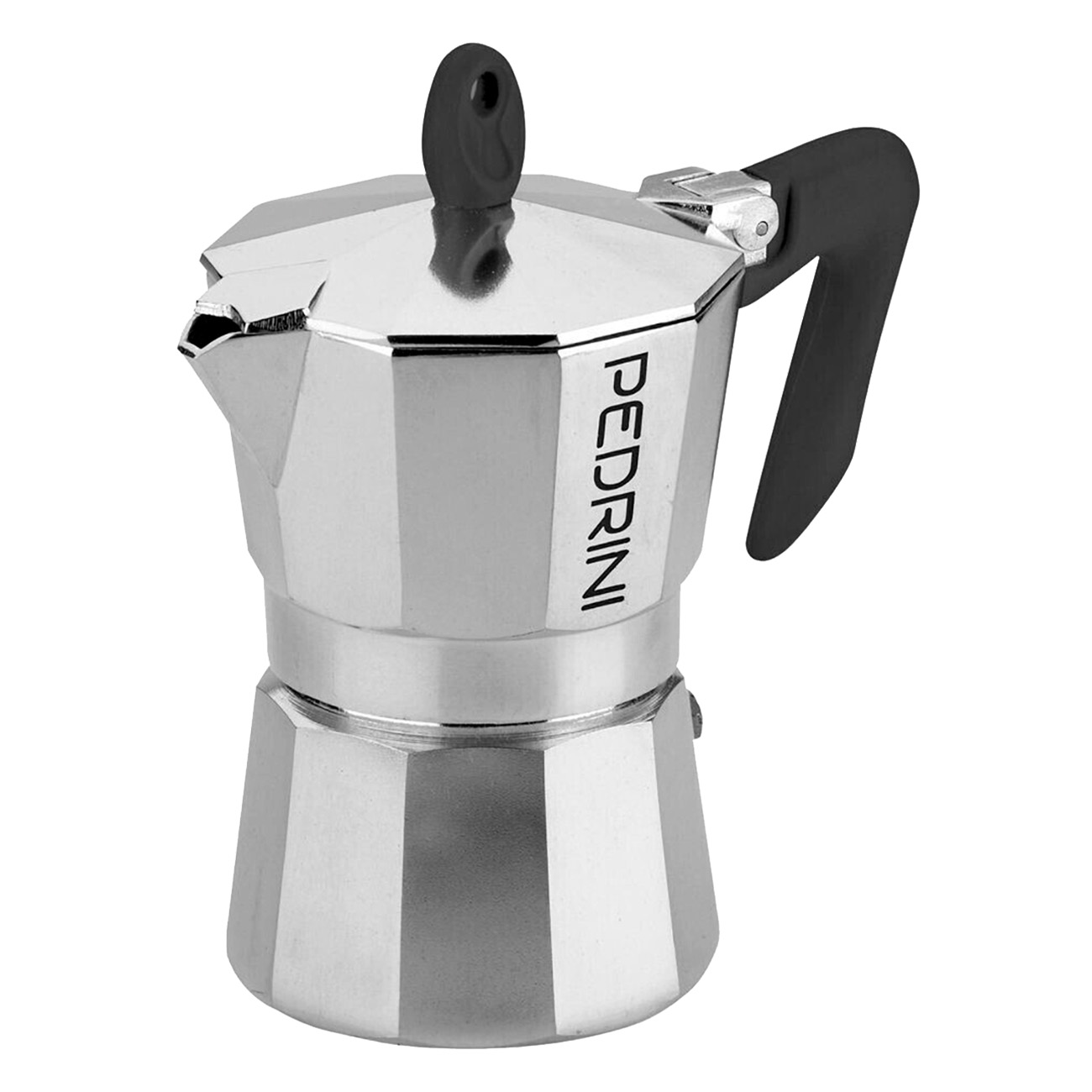 Silberne und schwarze Pedrini Moka-Kanne, freigestellt auf weißem Hintergrund.