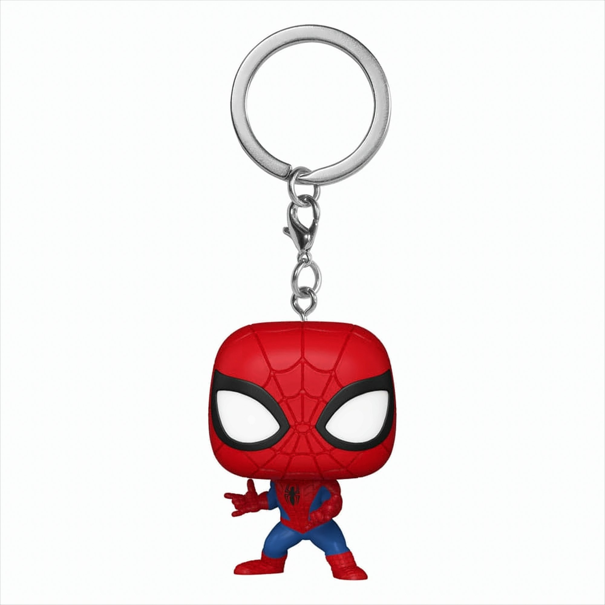 Un portachiavi di Spider-Man. La figura è rossa e blu con un anello e una catena d'argento.
