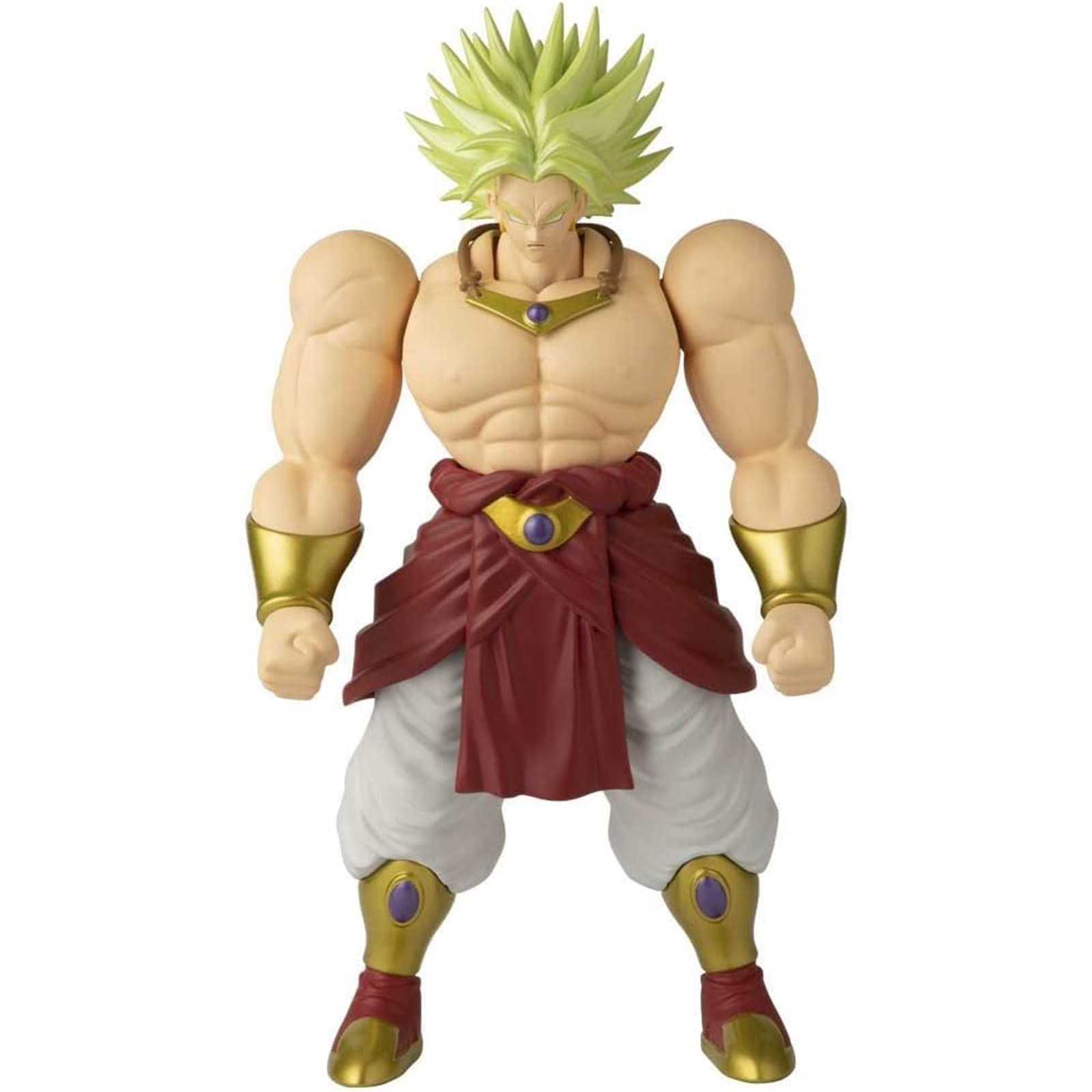 Eine Broly-Actionfigur mit grünem, stacheligem Haar und einem rot-goldenen Outfit. Er ist muskulös.