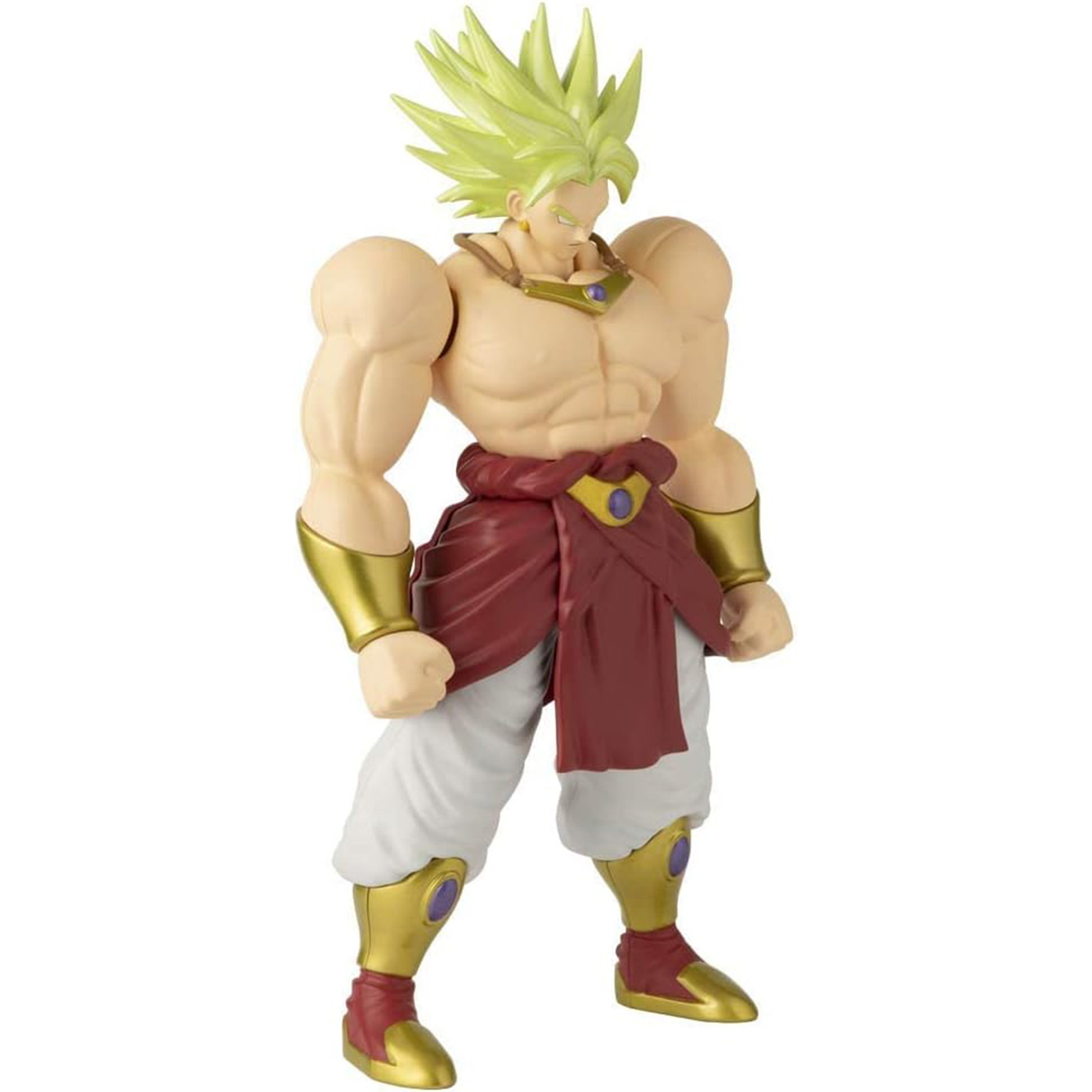 Broly-Actionfigur. Muskulöse Form, grüne Haare, rote und weiße Kleidung, goldene Accessoires und imposante Haltung.