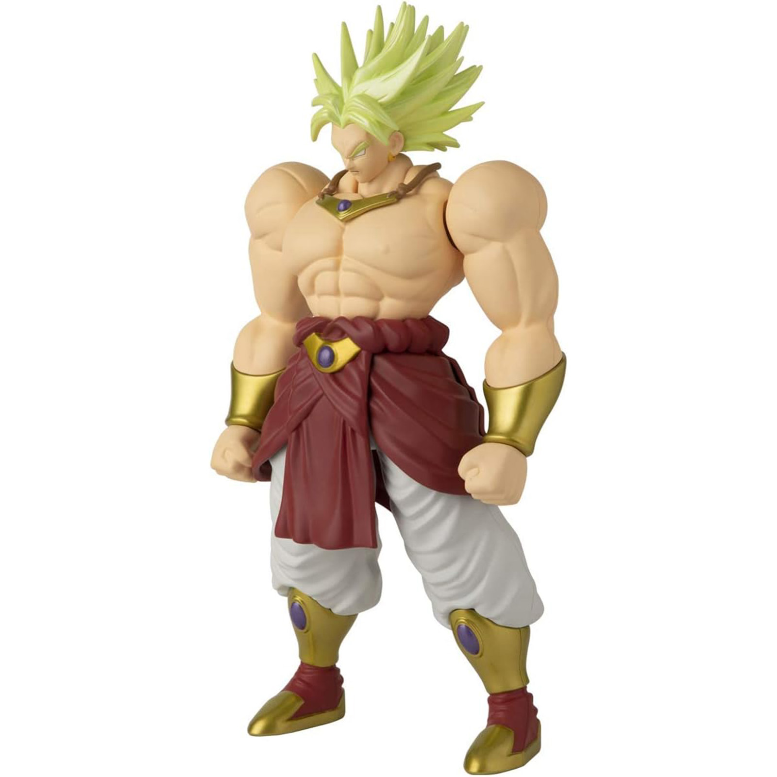 Broly-Actionfigur. Blondes, stacheliges Haar, muskulöser Körperbau, rote und weiße Kleidung.