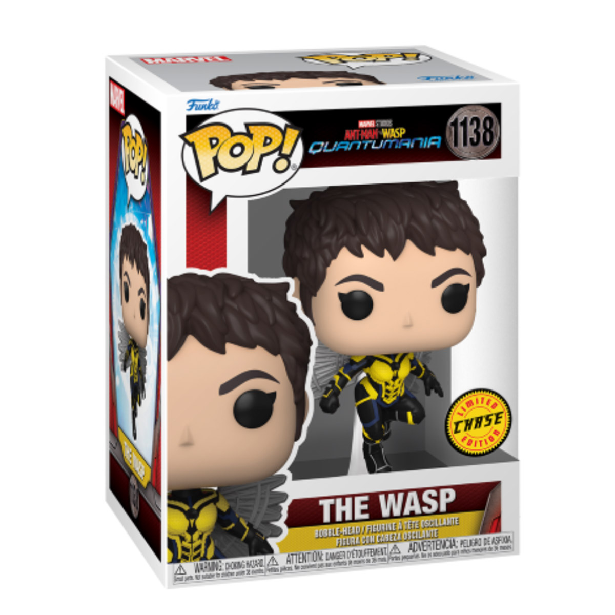 Eine Funko Pop-Box mit The Wasp, einer Superheldin, mit einem Aufkleber für limitierte Editionen.