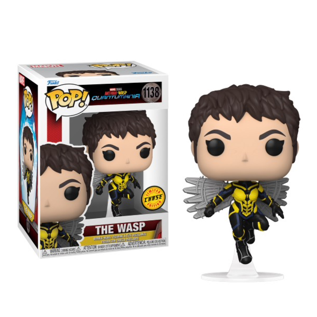 Funko Pop The Wasp Figur mit Marvel-Box, weißer Hintergrund.