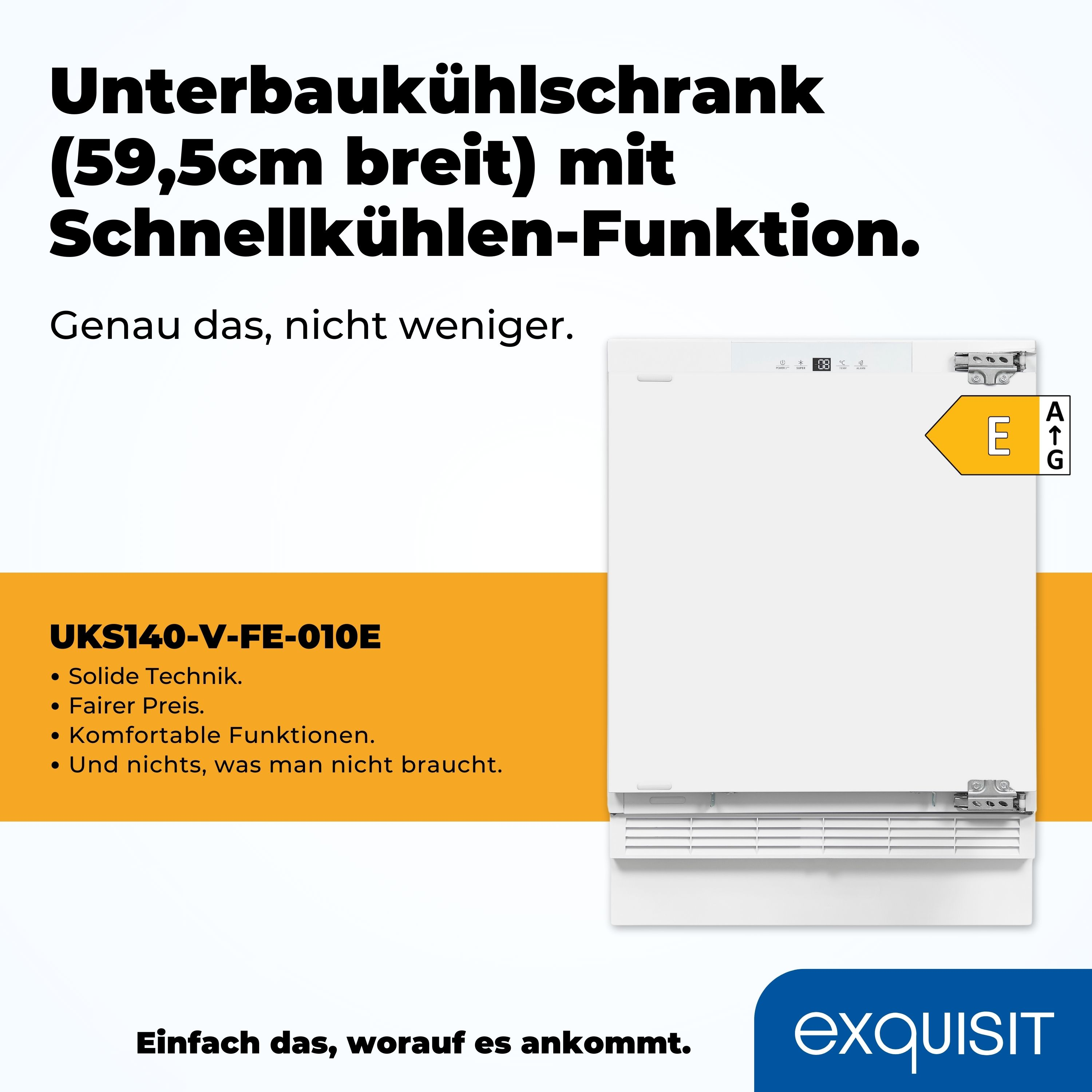 Ein weißer Unterbaukühlschrank mit Energieeffizienzlabel und Textbeschreibungen.