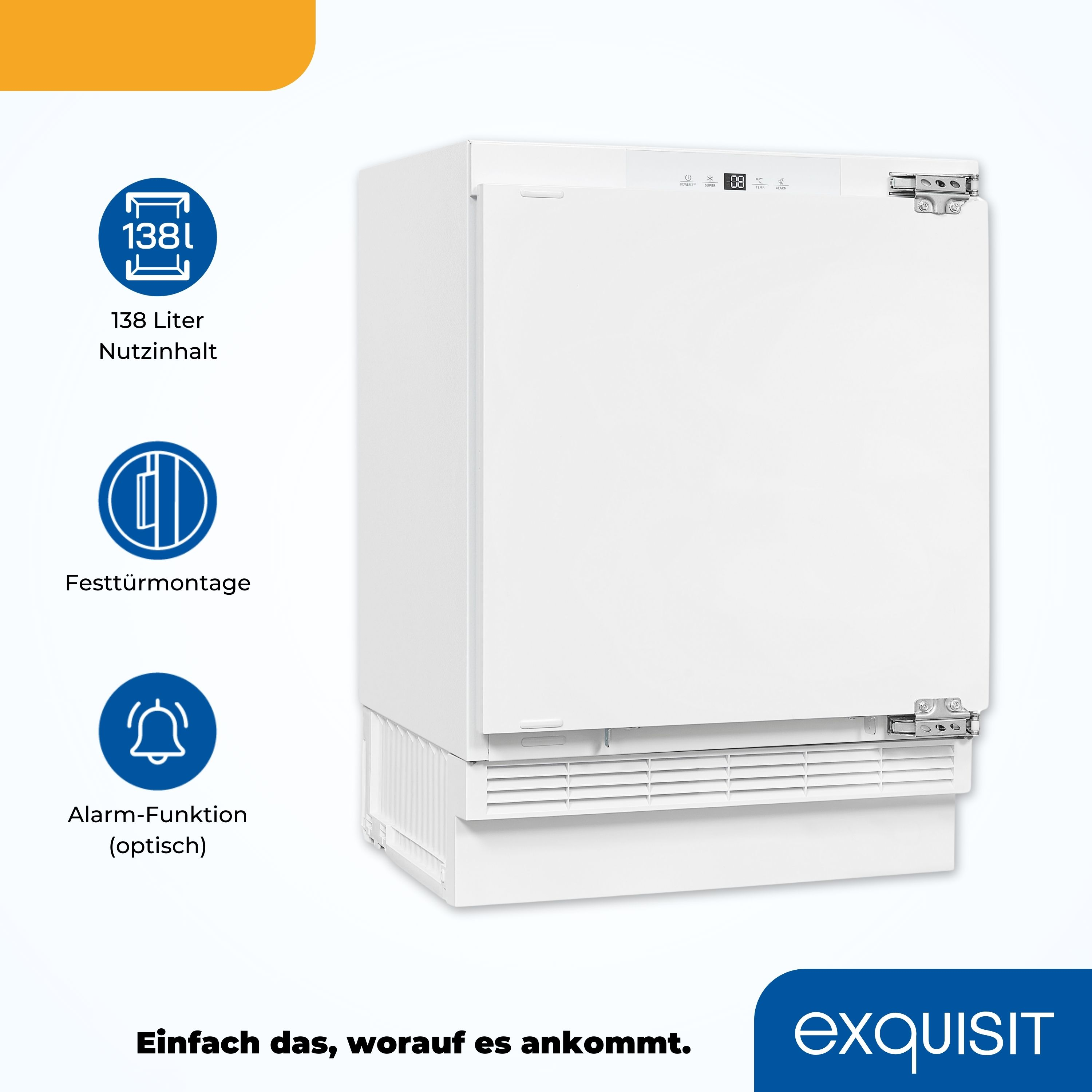 Weißer Einbaukühlschrank mit Informationsetiketten und Symbolen links.