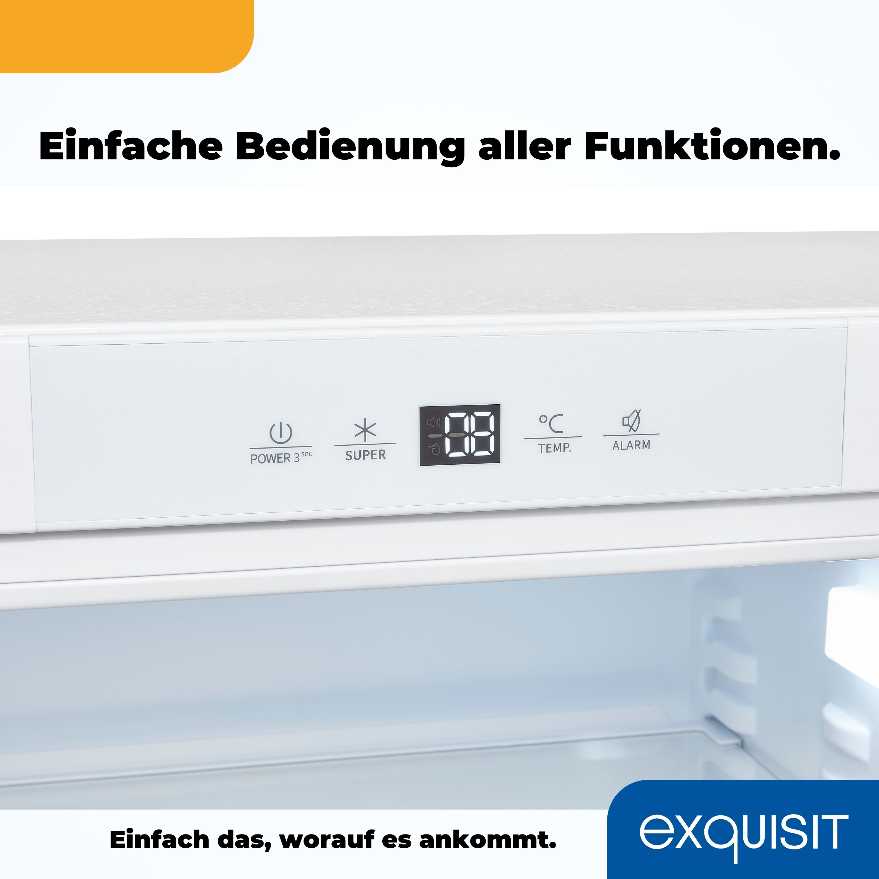 Eine weiße Bedienblende mit digitaler Anzeige. Sie zeigt '08' und hat Symbole für Leistung, Super, Temp und Alarm.
