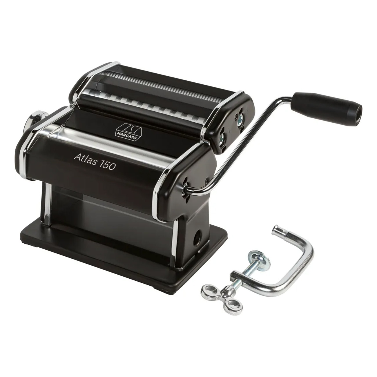 Czarna maszynka do makaronu z uchwytem i zaciskiem, na białym tle.