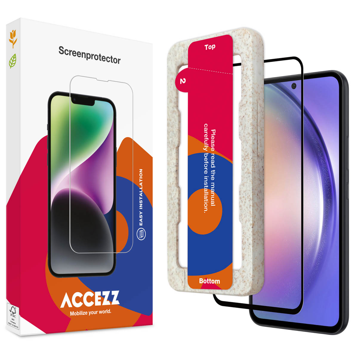 Een screenprotector kit met een telefoon en de doos. Tekst op de doos: Screenprotector, Acczz.