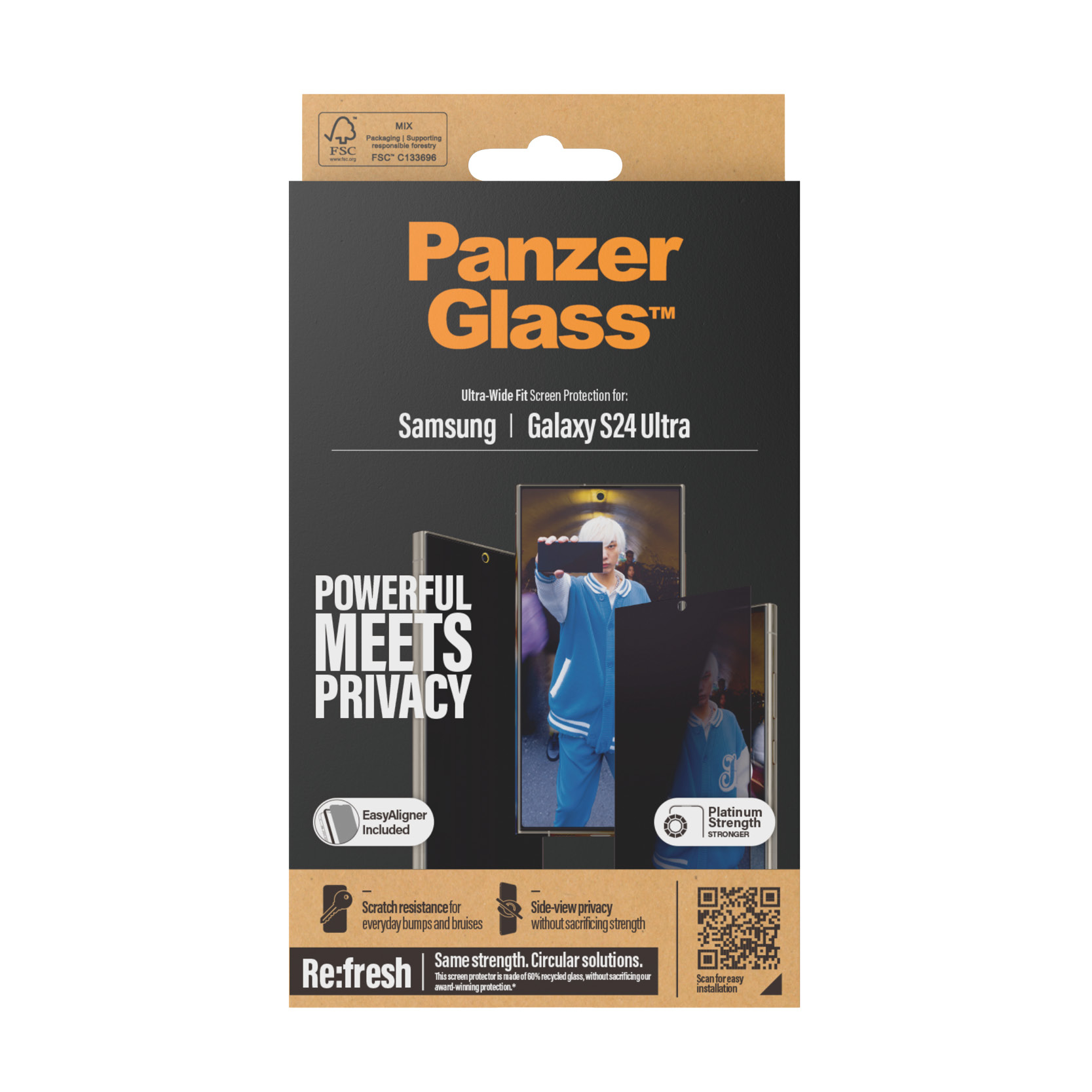 PanzerGlass schermbeschermerdoos met telefoon en tekst. Witte achtergrond.