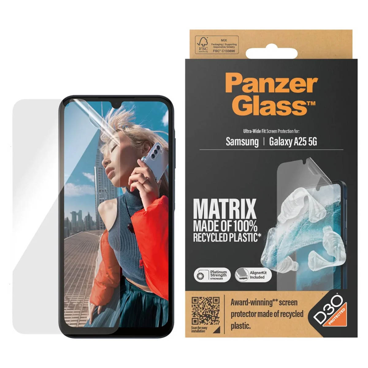 Een doos met een telefoon en een schermbeschermer. De schermbeschermer zit op de telefoon.