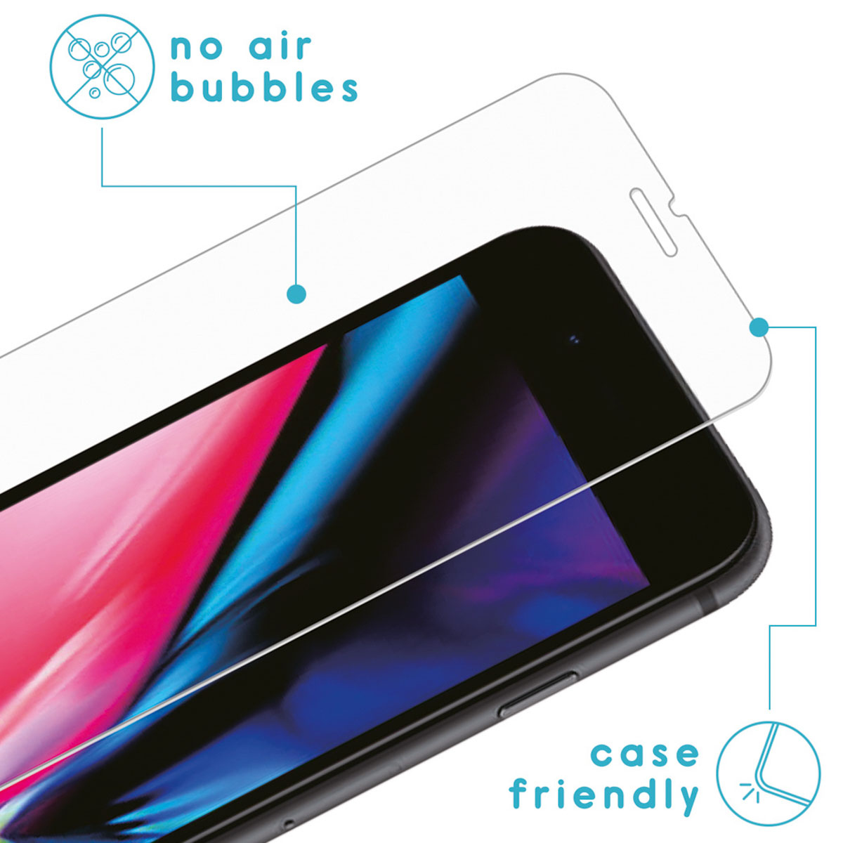 A phone with a screen protector. Text on the screen protector: no air bubbles, case friendly.