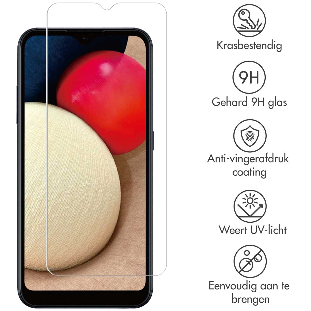 Een telefoon met een schermbeschermer, met pictogrammen aan de rechterkant.
