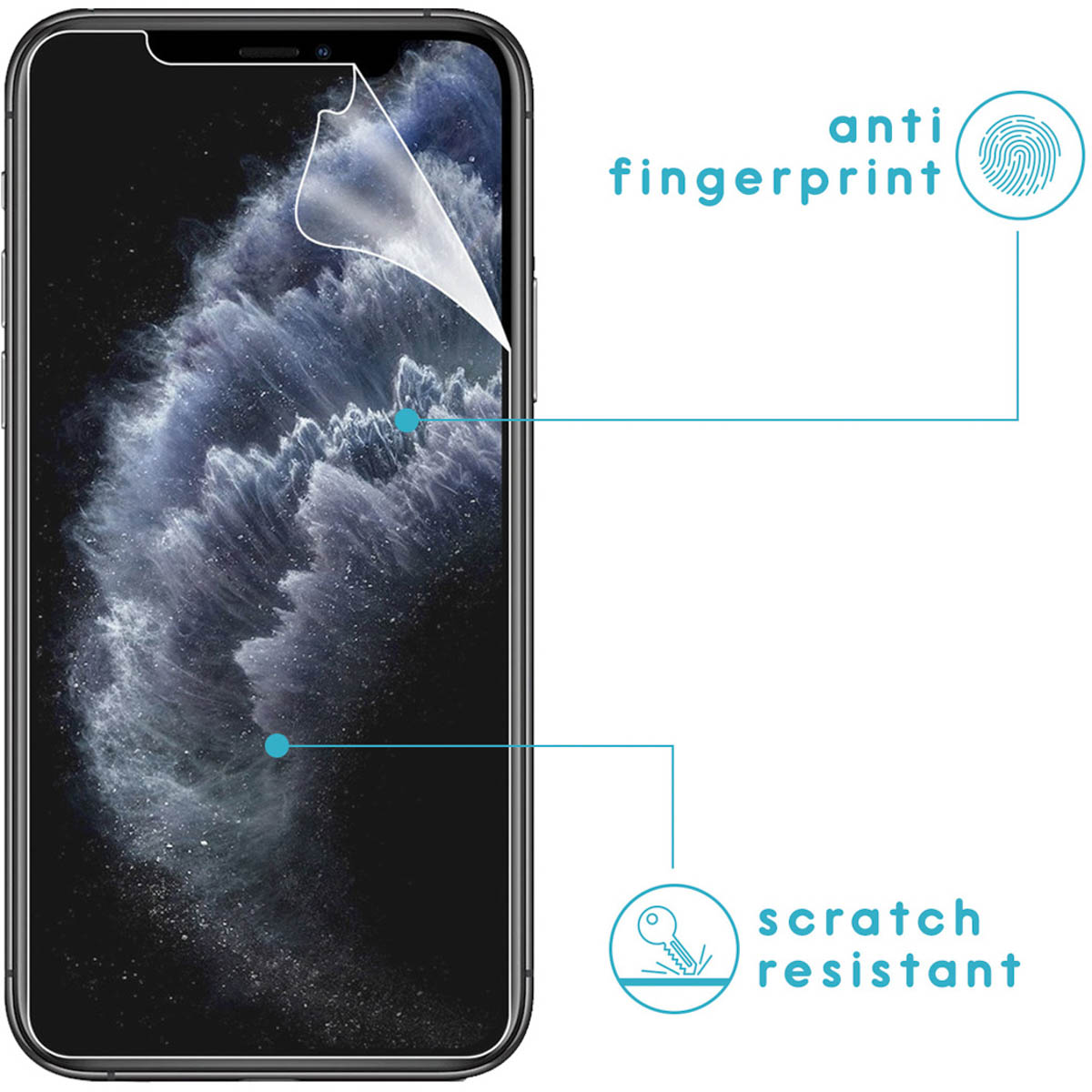 Téléphone avec protection d'écran qui se décolle. Caractéristiques : anti-traces de doigts et résistant aux rayures. Fond nuageux.