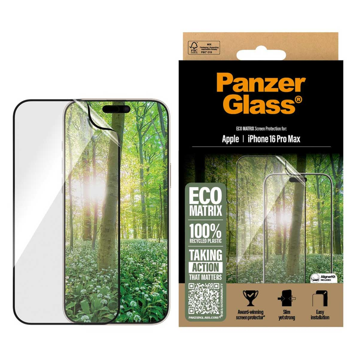 Scatola per protezione schermo del telefono con immagine del telefono e sfondo della foresta.