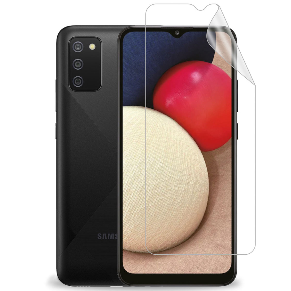 Téléphone et protection d'écran, un téléphone noir avec un motif abstrait rouge et beige. La protection se décolle.