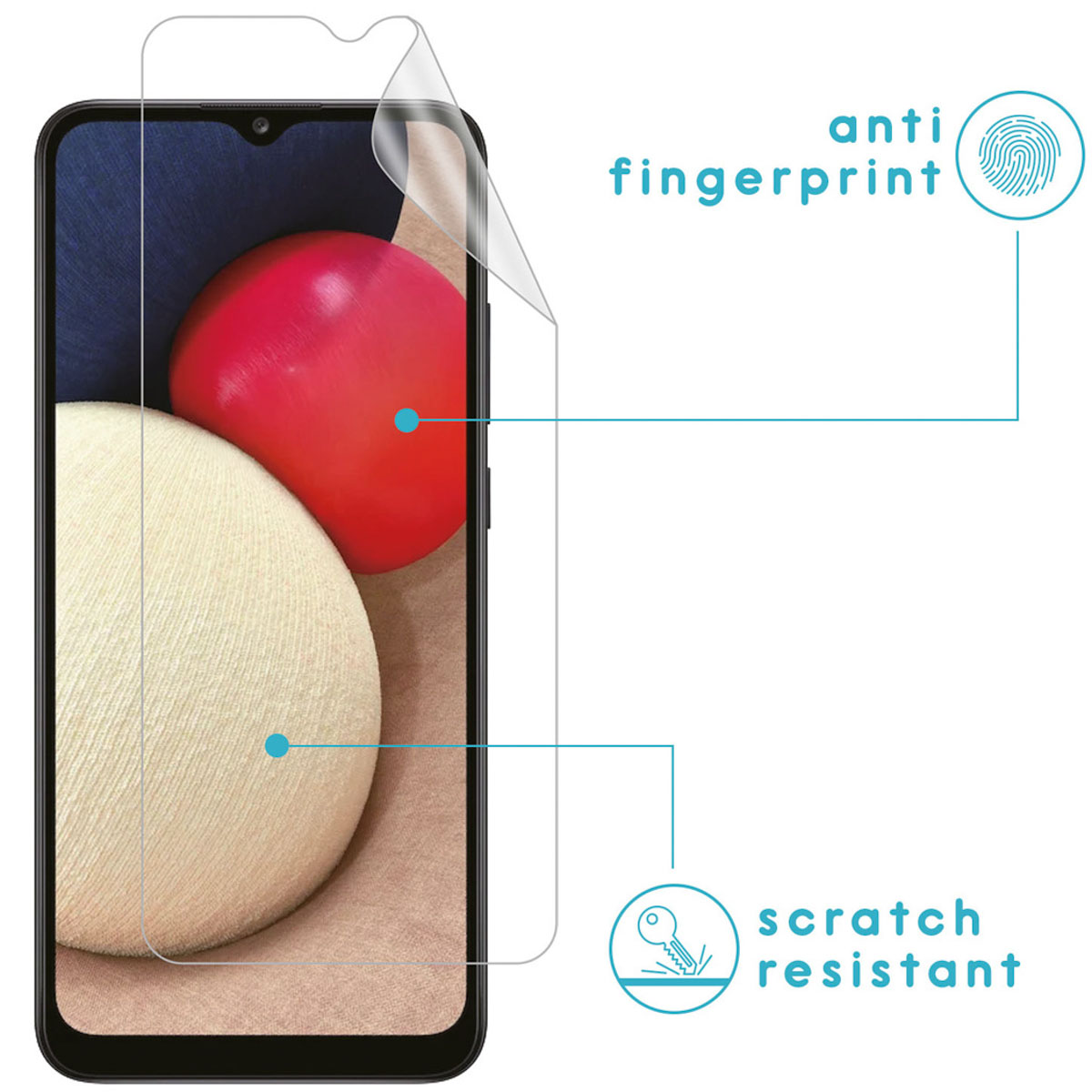 Un smartphone avec un protecteur d'écran dessus. Il montre des cercles rouges et beiges. Texte : anti-traces de doigts.