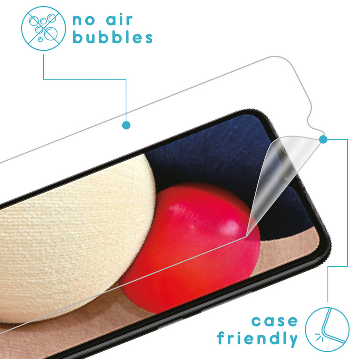 Écran de téléphone avec protecteur d'écran appliqué. Texte : Pas de bulles d'air, compatible avec l'étui.