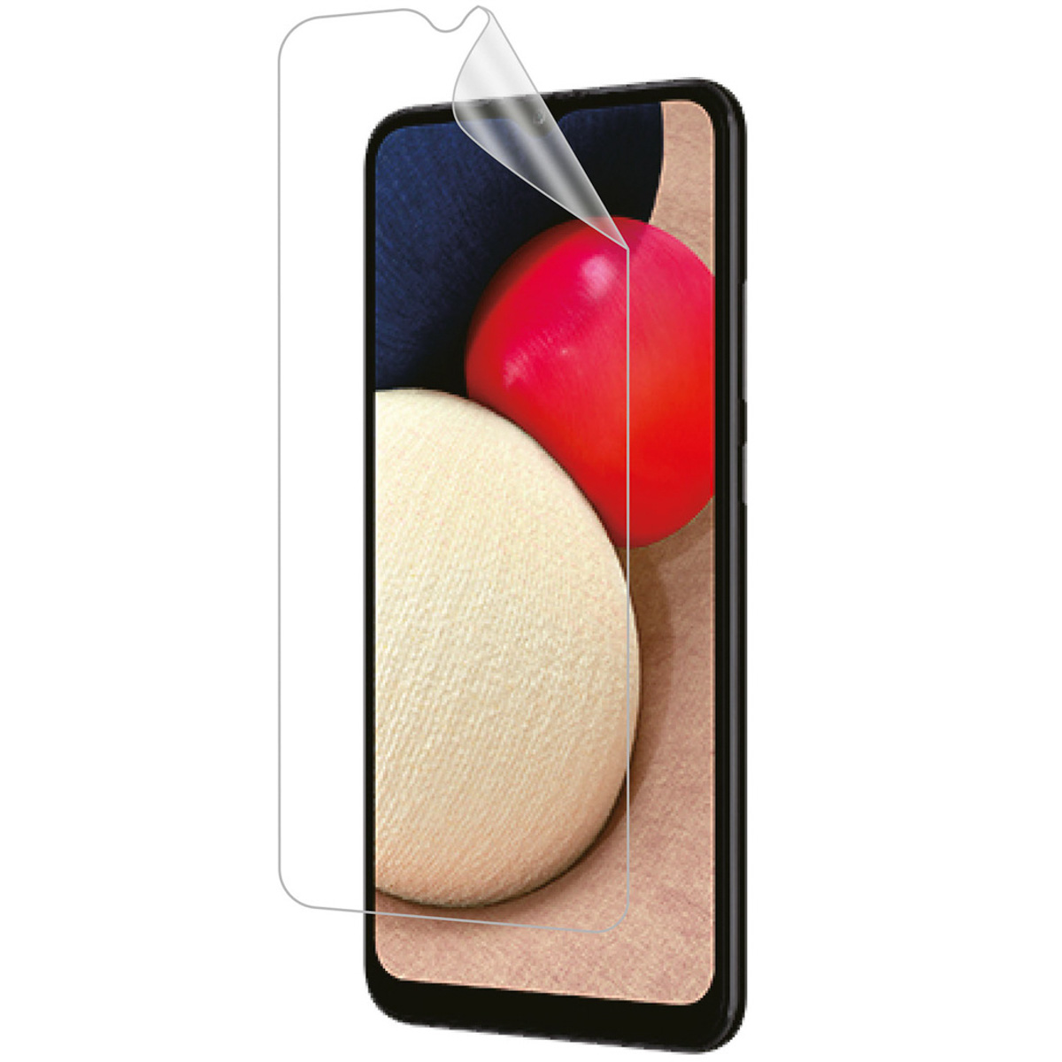 Téléphone rouge avec protecteur d'écran en cours d'application. Le fond a des sphères colorées.