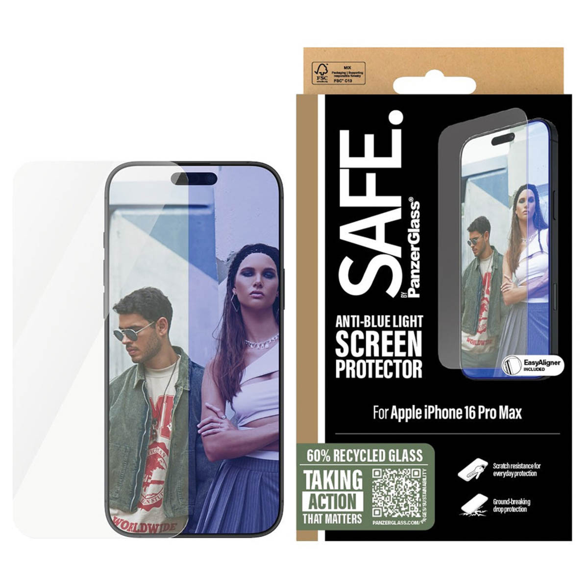 Telefon mit Displayschutz und Box. Zwei Personen im Hintergrund. Anti-Blaulicht-Bildschirm.