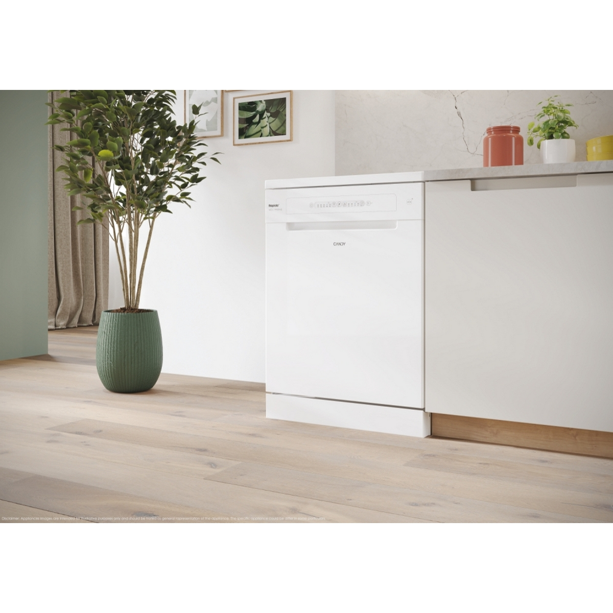 Lavastoviglie bianca in una cucina. Pavimento in legno e una pianta verde a sinistra.