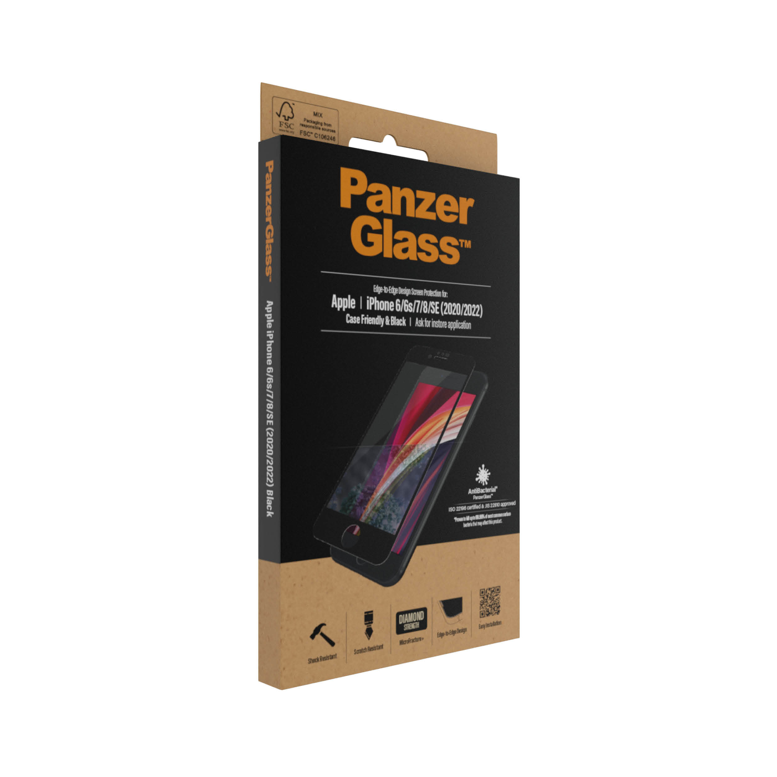 Een doos met een screenprotector voor een iPhone. Tekst op de doos: PanzerGlass, diamantsterkte.