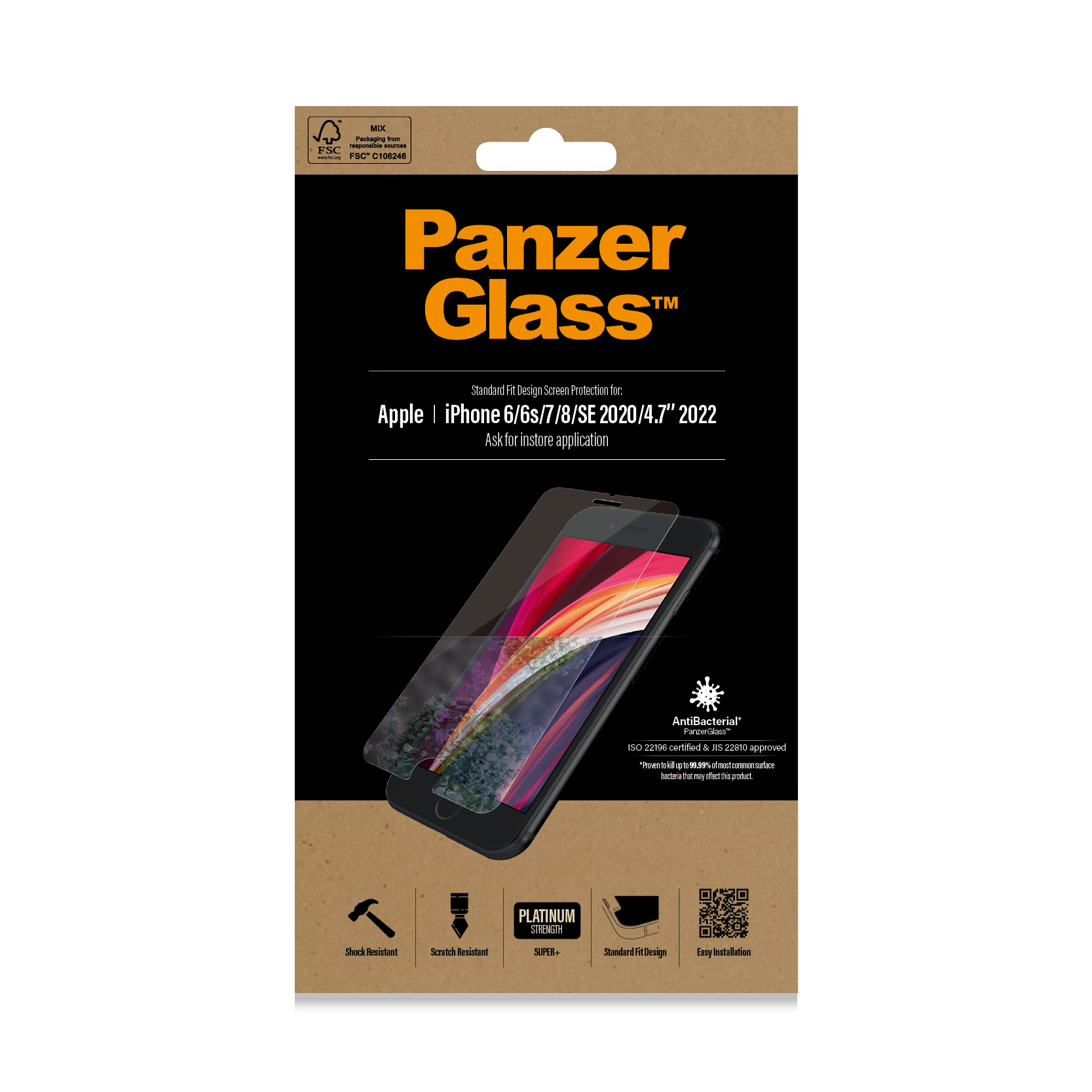 Pudełko z folią ochronną PanzerGlass. Napis: Ochrona ekranu dla Apple iPhone.