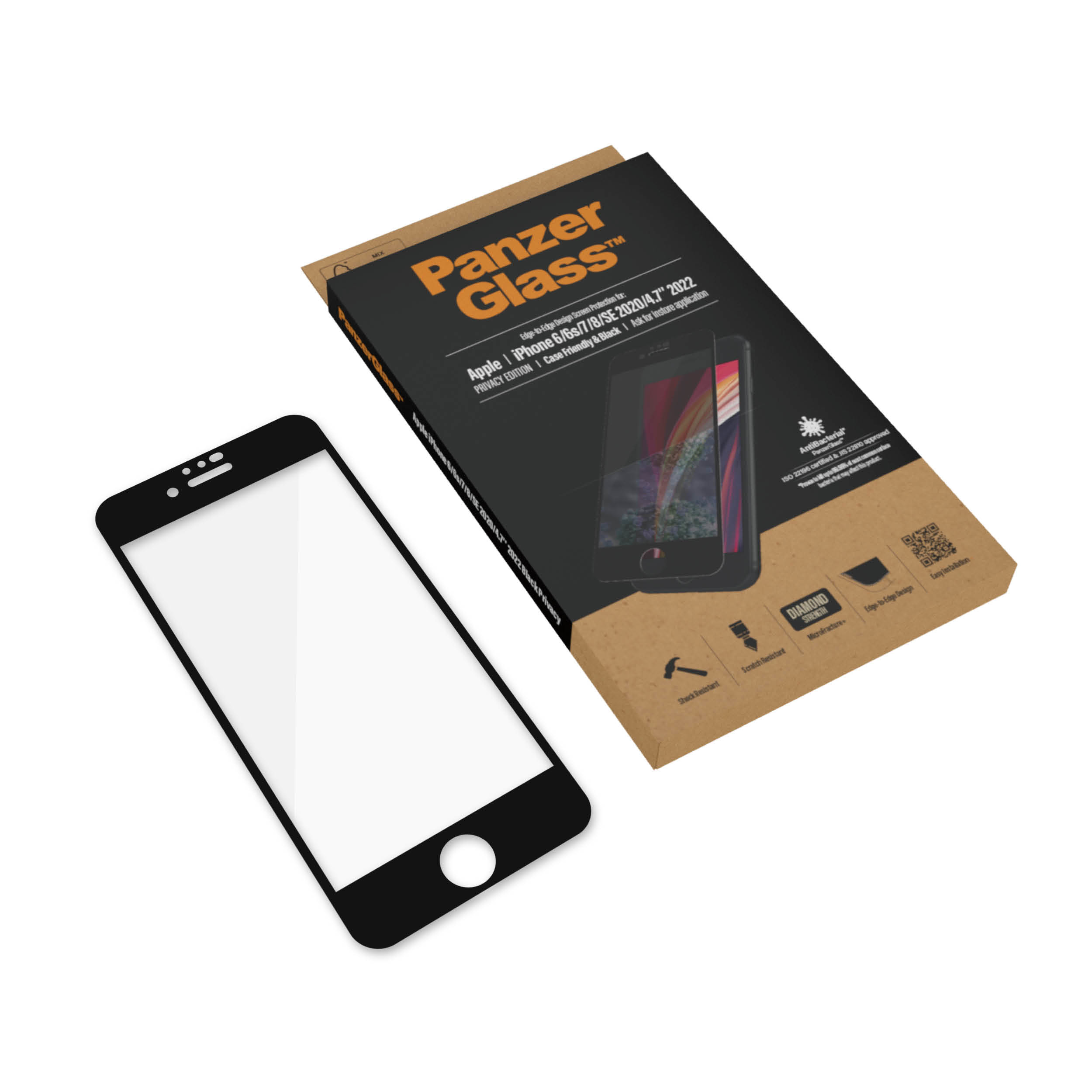 Telefoon en schermbeschermer naast de verpakking. Tekst: PanzerGlass.