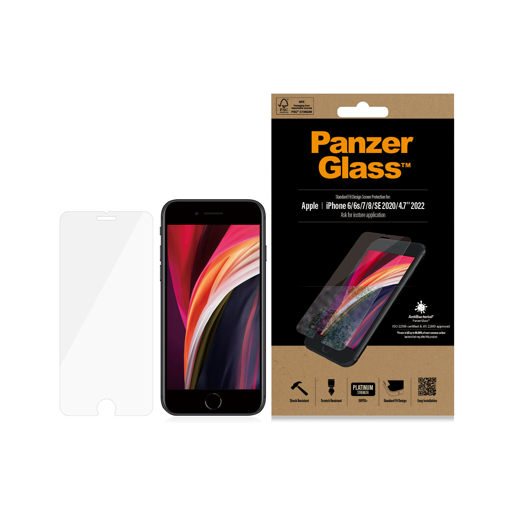 Opakowanie ochronne ekranu PanzerGlass z telefonem i ochraniaczem ekranu obok.