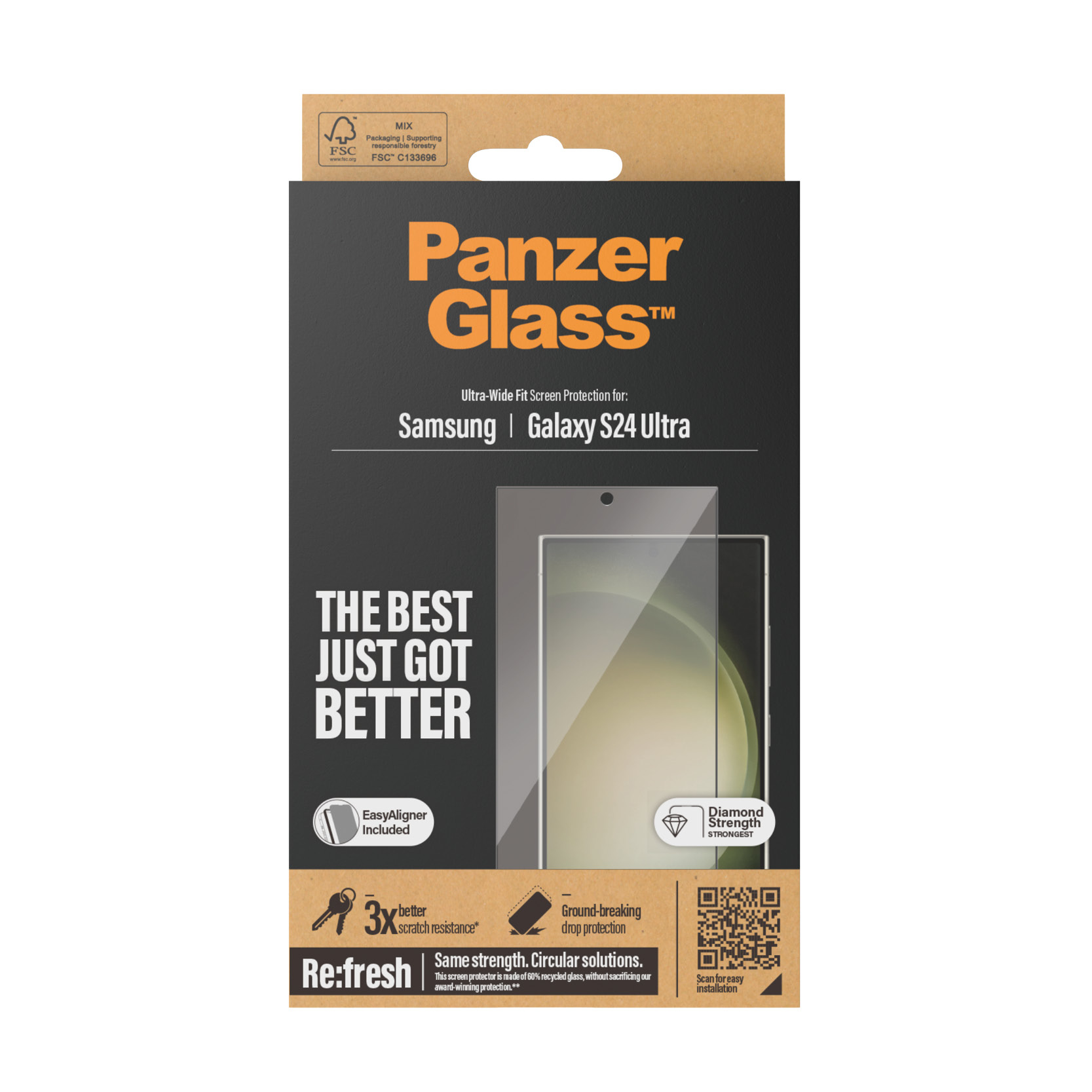 Doos van PanzerGlass screenprotector. Toont product en functies zoals valbescherming.