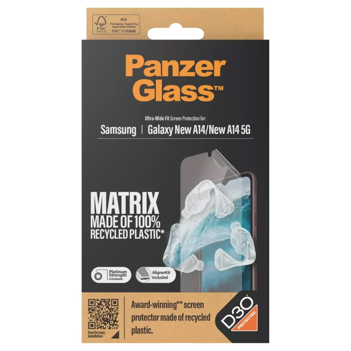 Scatola del proteggi schermo con immagine del telefono e proteggi schermo. Testo: PanzerGlass, per Samsung Galaxy New A14/A14 5G.