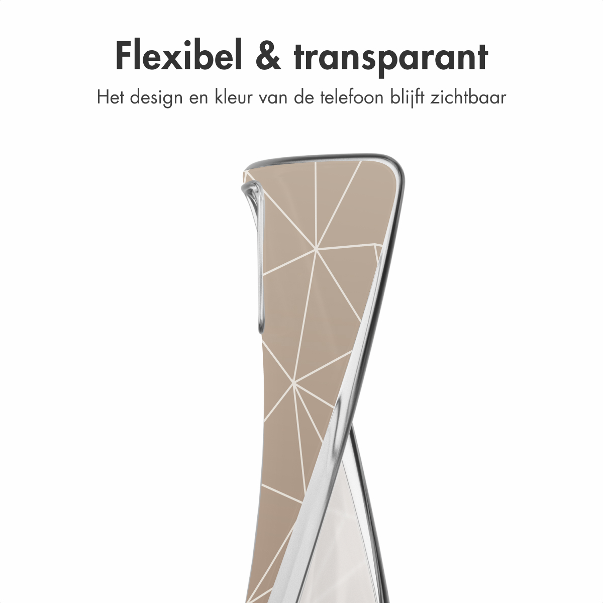 Custodia trasparente per telefono con motivo geometrico beige. Sfondo bianco con testo: Flessibile e trasparente.