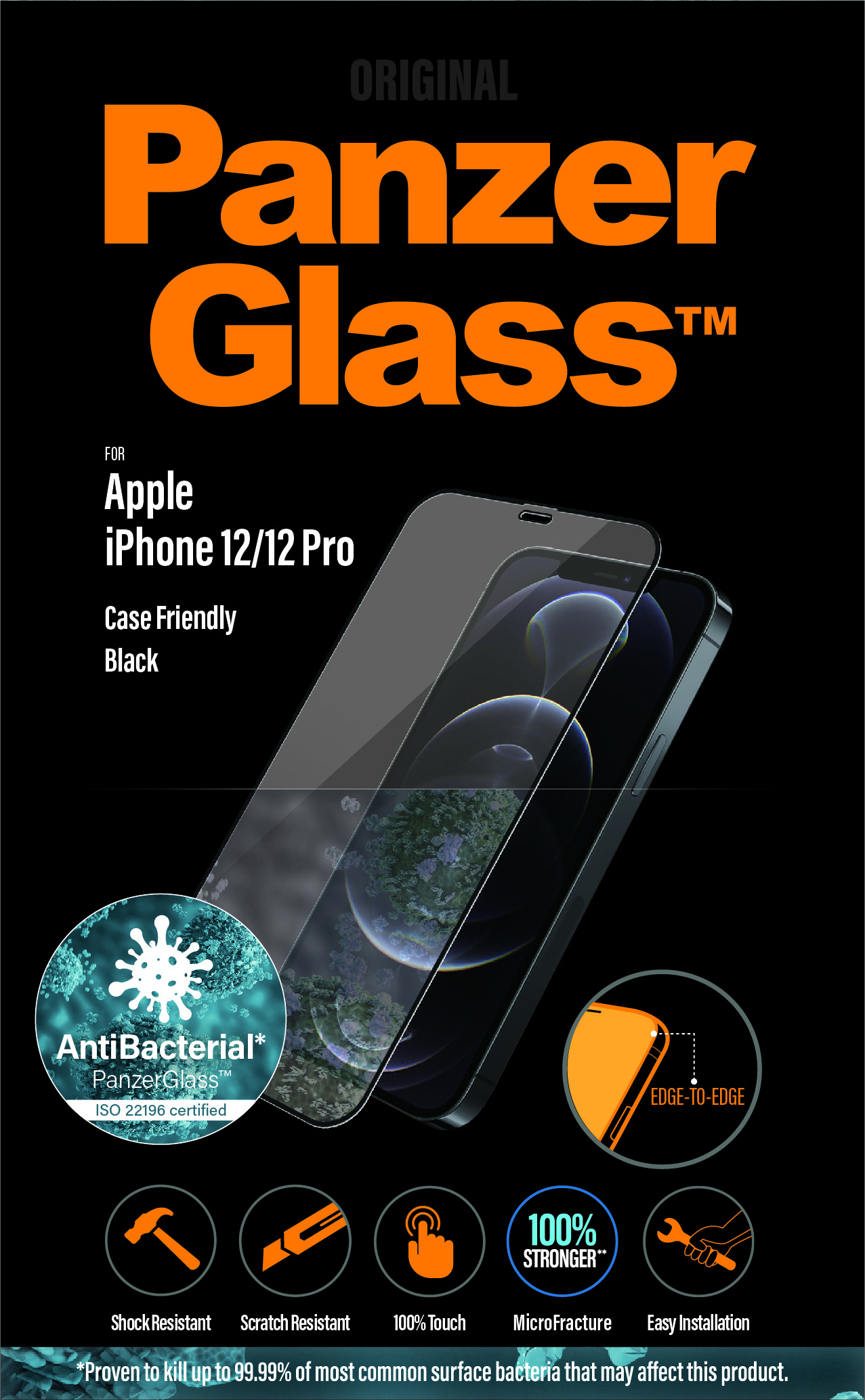 Verpakking voor PanzerGlass schermbeschermer. Het toont een telefoon met een schermbeschermer.