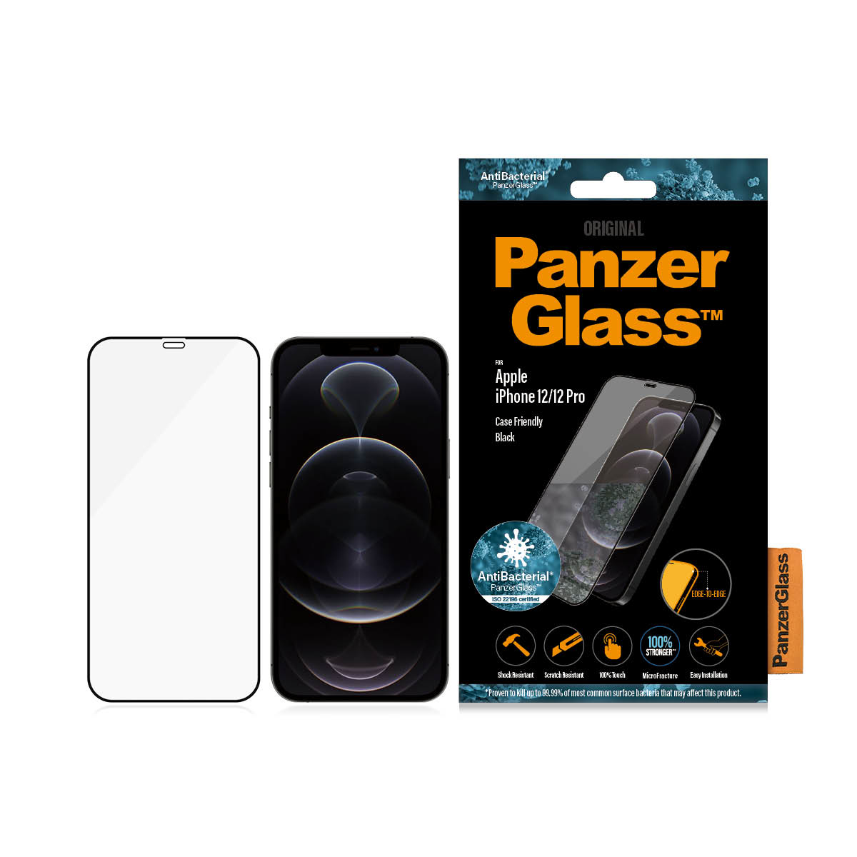 Verpakking van PanzerGlass schermbeschermer. Toont telefoon met schermbeschermer.