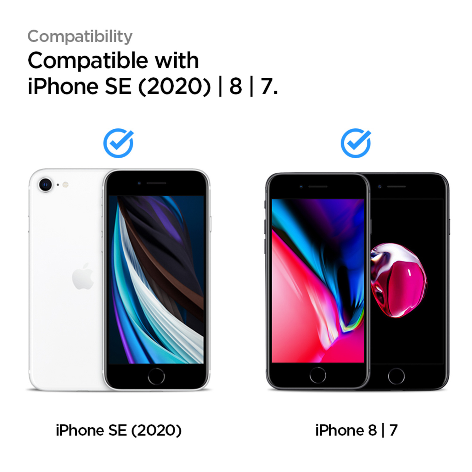 Obraz trzech telefonów: biały iPhone SE, czarny iPhone 8 i czarny iPhone 7.