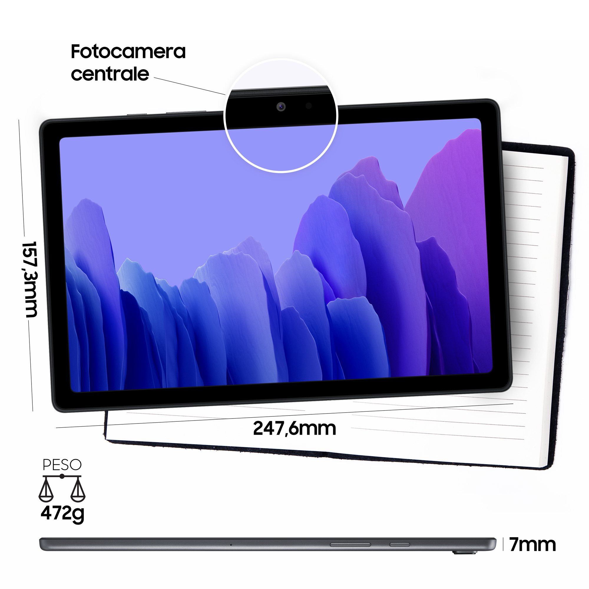 Zwarte tablet met meetlabels. Toont scherm met paarse, blauwe en witte kleuren.