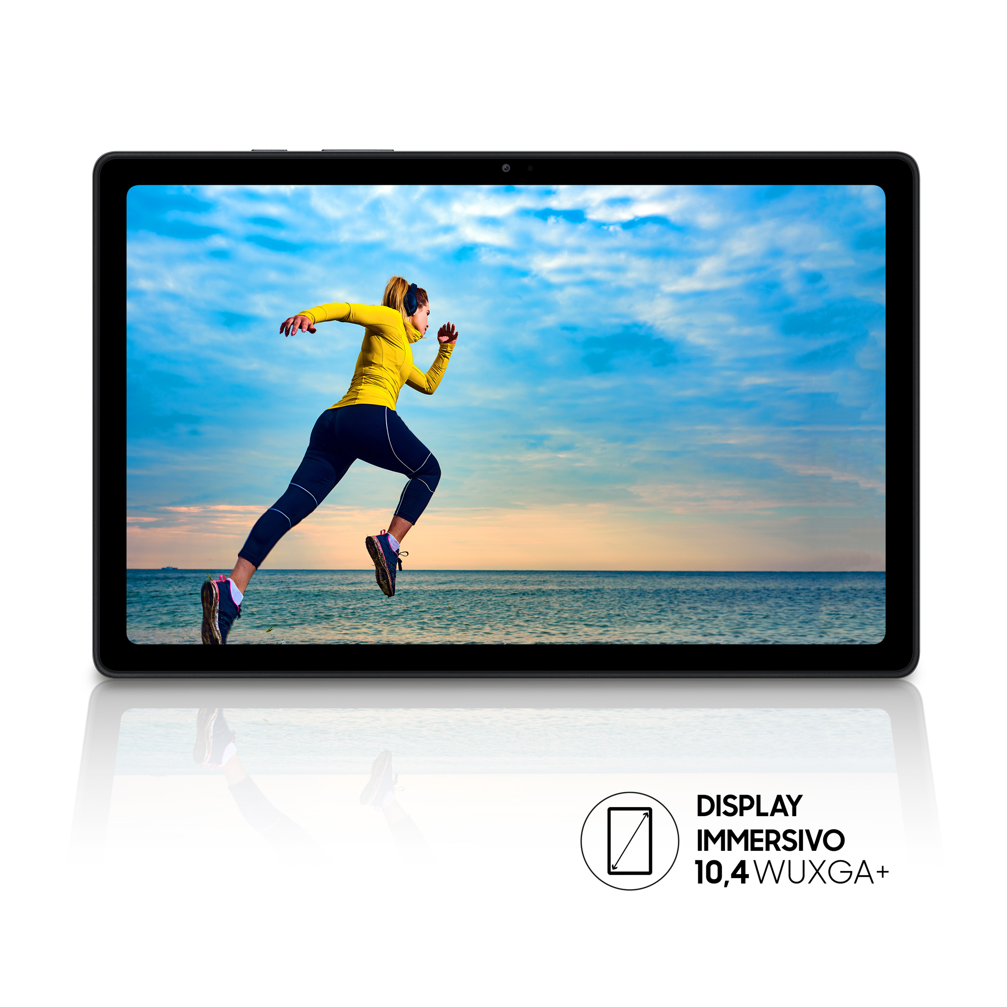 Een tablet met een vrouw die op het scherm rent. De lucht en de zee zijn op de achtergrond.