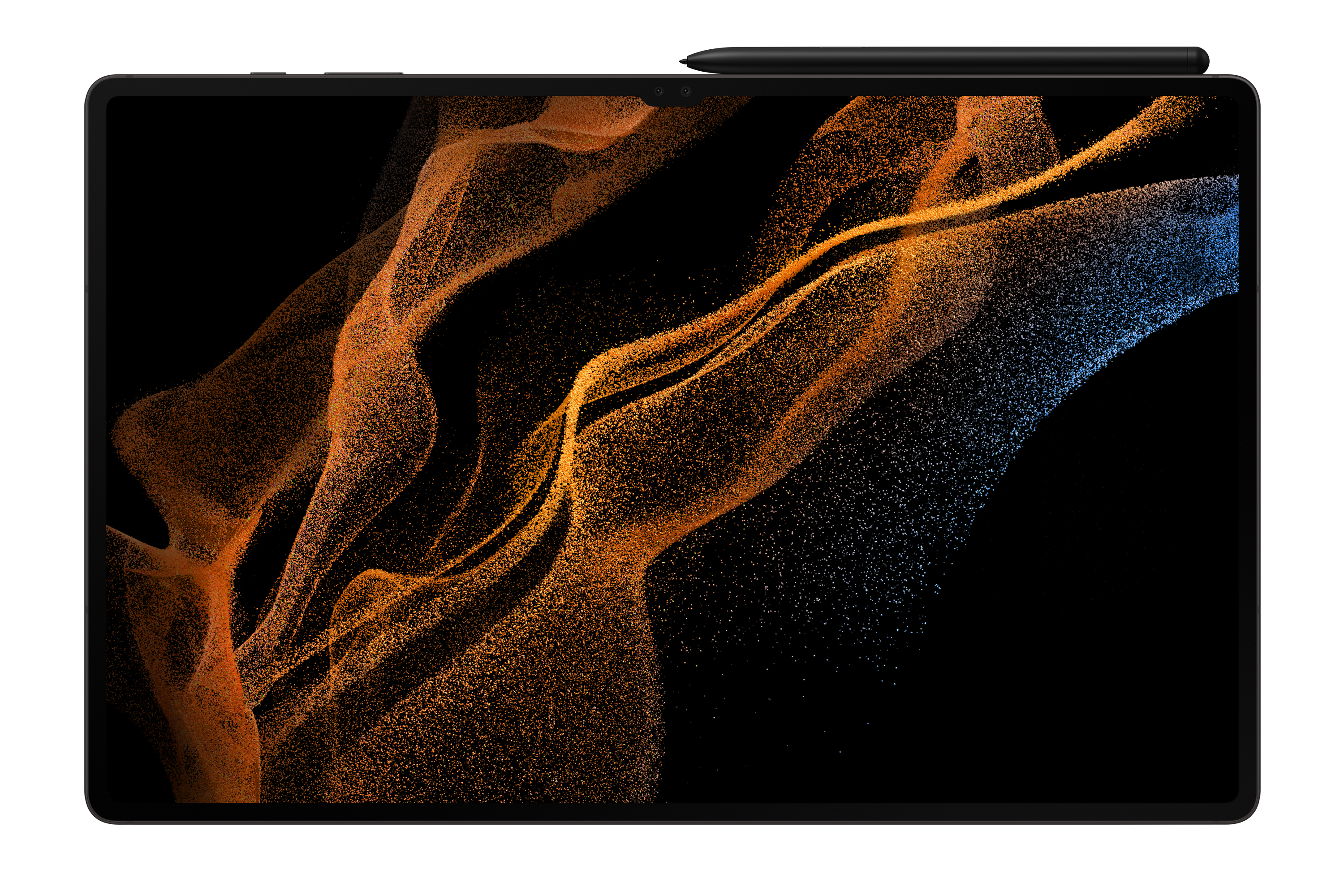 Schwarzes Tablet mit Stift oben, zeigt bunte abstrakte digitale Kunst auf schwarzem Hintergrund.